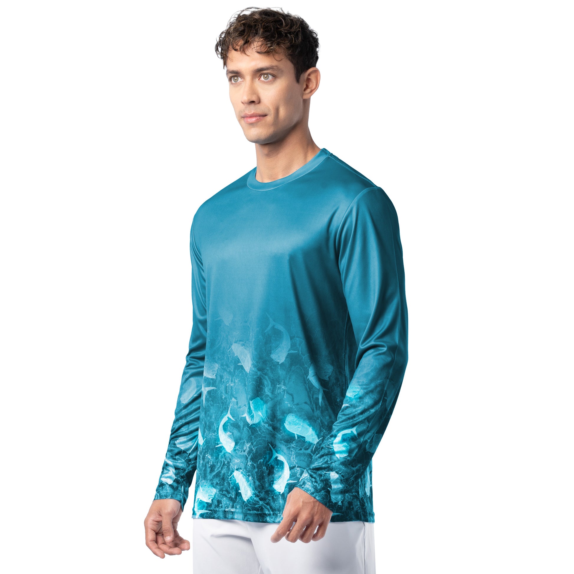 Side profile of Guy Harvey Men’s Mahi Bros Fade Blue Performance Shirt showing athletic fit