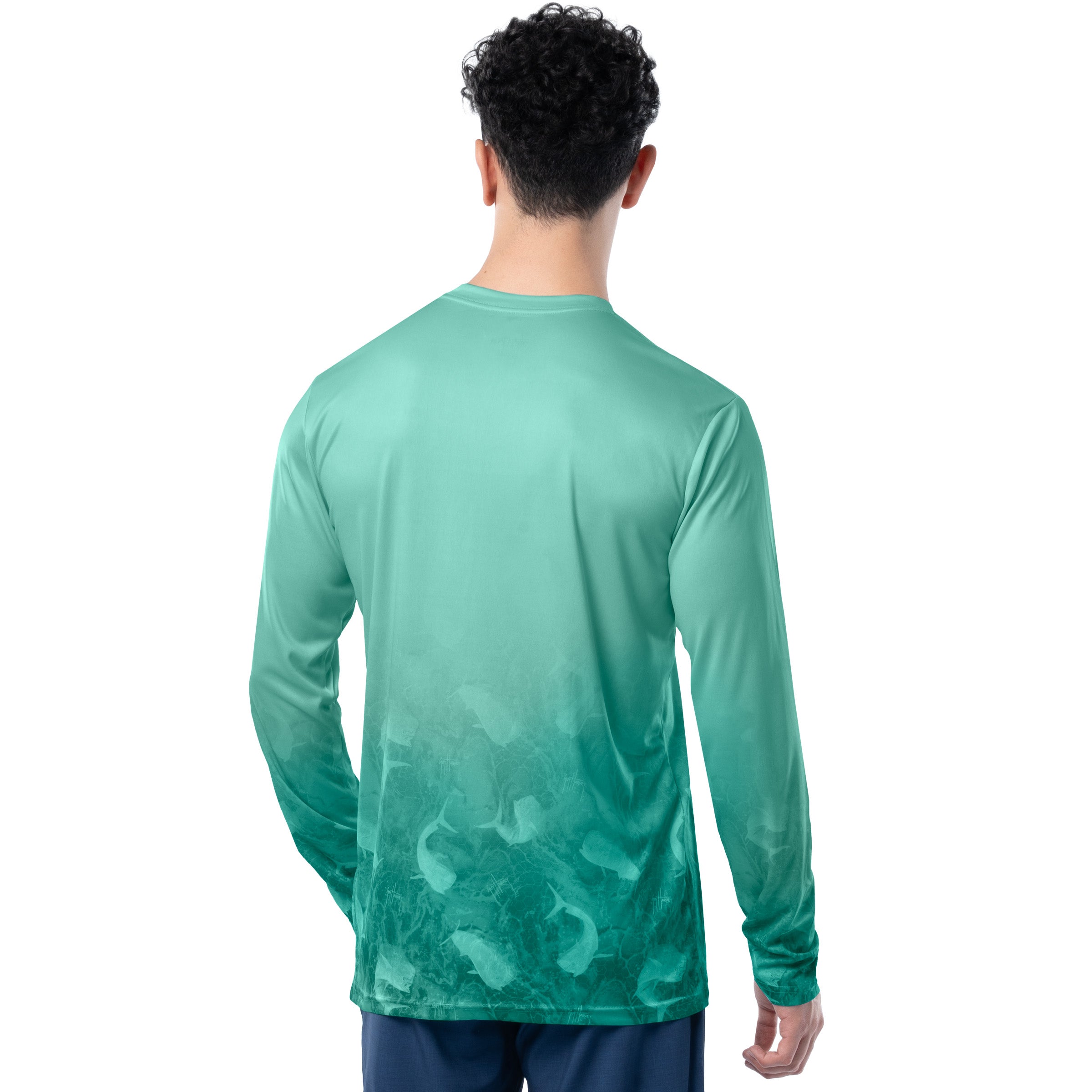 Back view of Guy Harvey Men’s Mahi Bros Fade Green Performance Top with fade design and mahi-mahi underwater artwork
