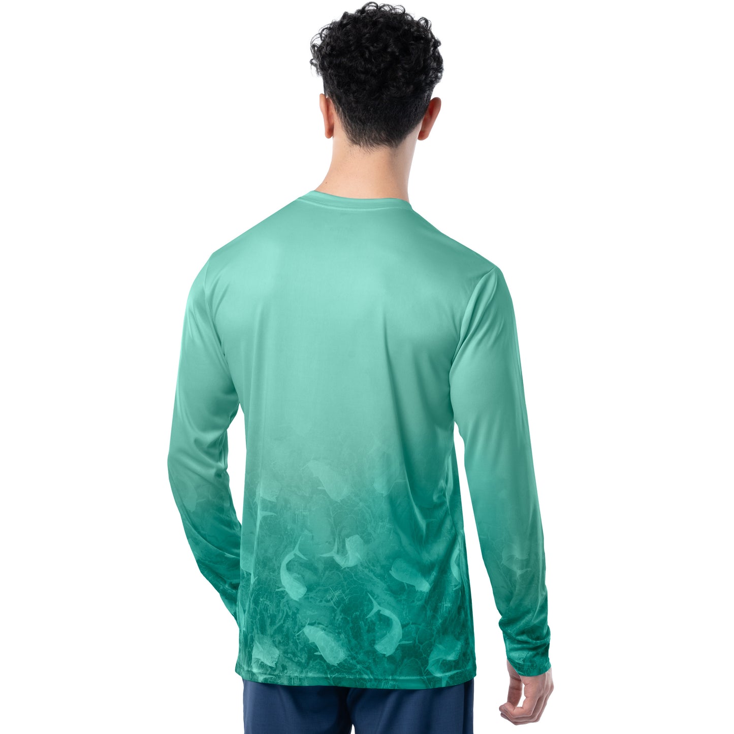 Back view of Guy Harvey Men’s Mahi Bros Fade Green Performance Top with fade design and mahi-mahi underwater artwork