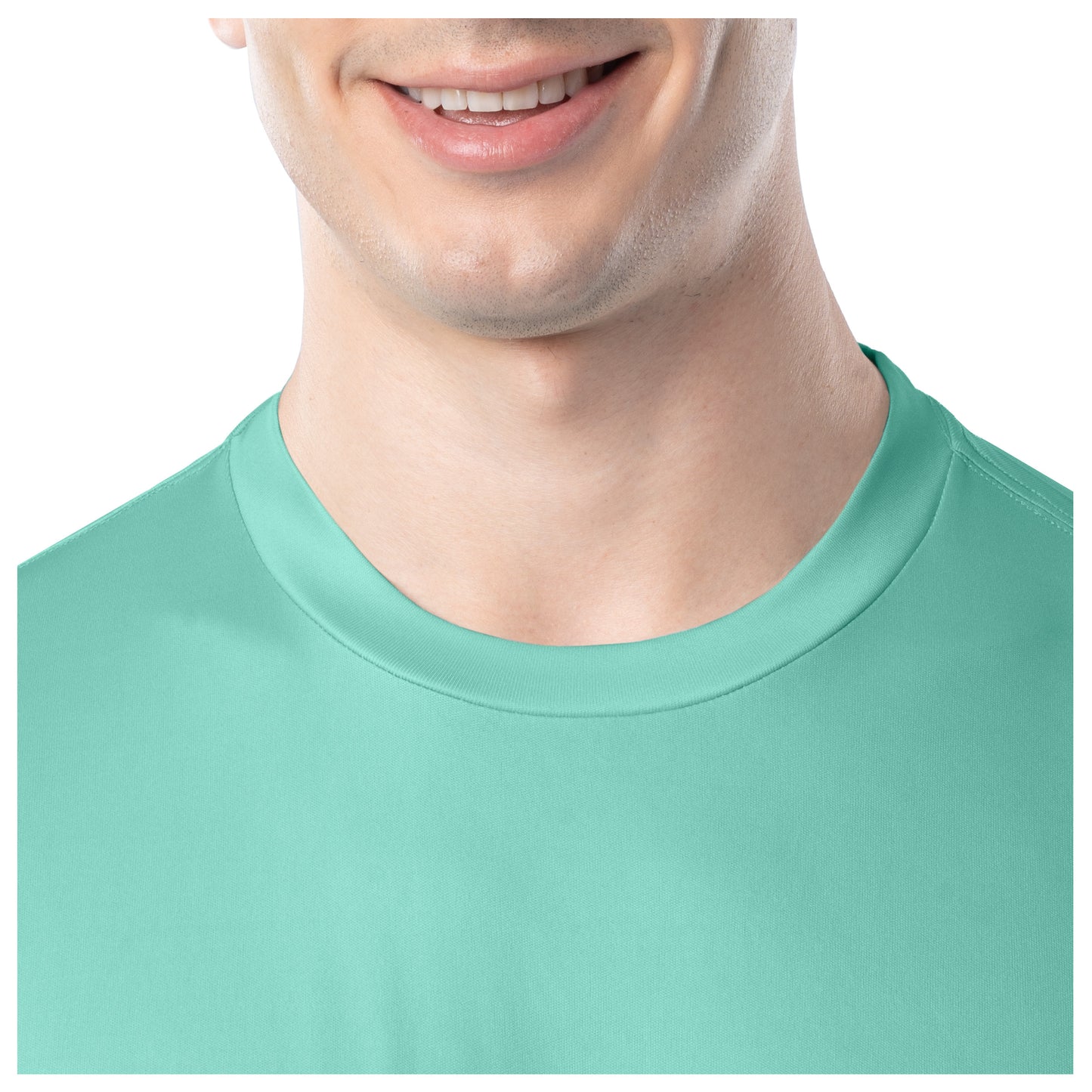 Close-up on the crew neck of the long sleeve sun top