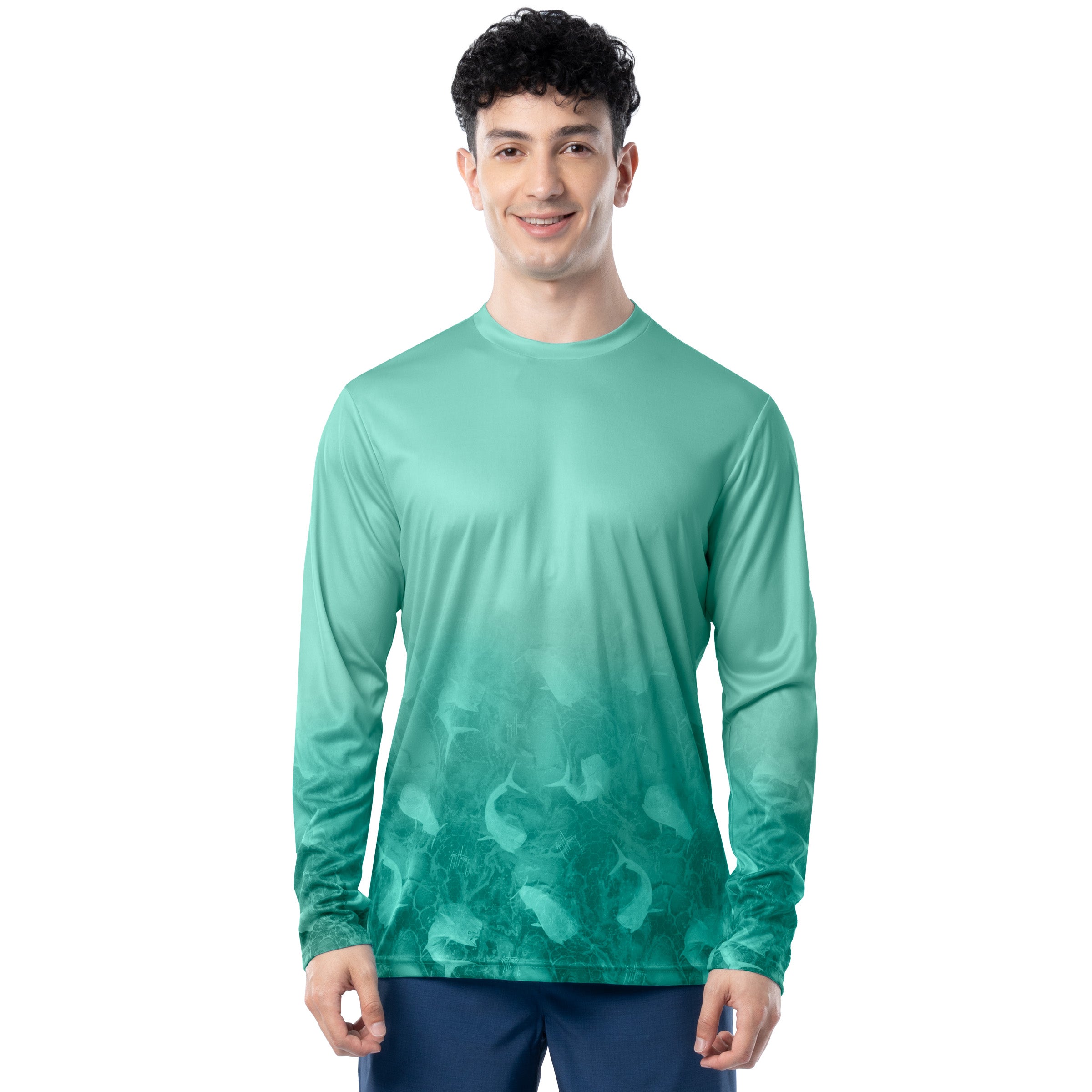 Front view of Guy Harvey Men’s Mahi Bros Fade Green Performance Sun Protection Long Sleeve Top