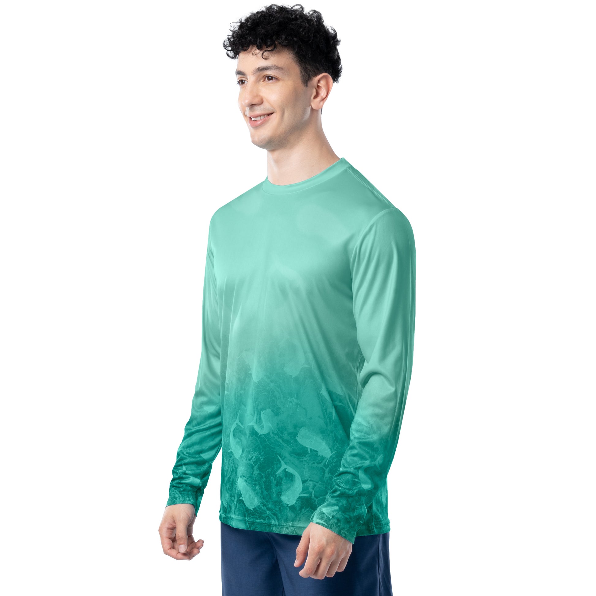 Side profile of Guy Harvey Men’s Mahi Bros Fade Green Performance Shirt showing athletic fit