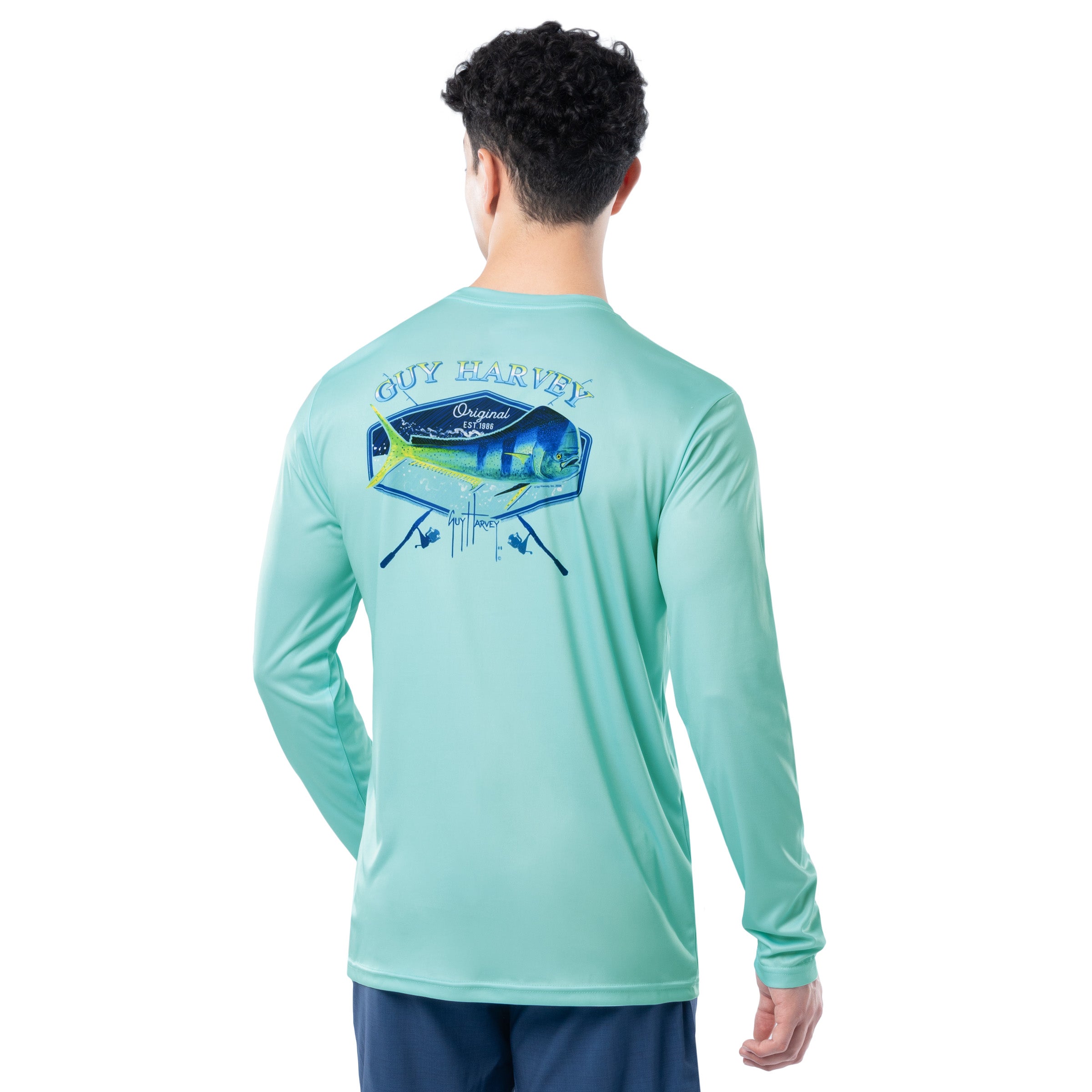 Back view of Guy Harvey Men’s Mahi Hex Performance Top with mahi-mahi artwork framed in hexagonal design and crossed fishing rods
