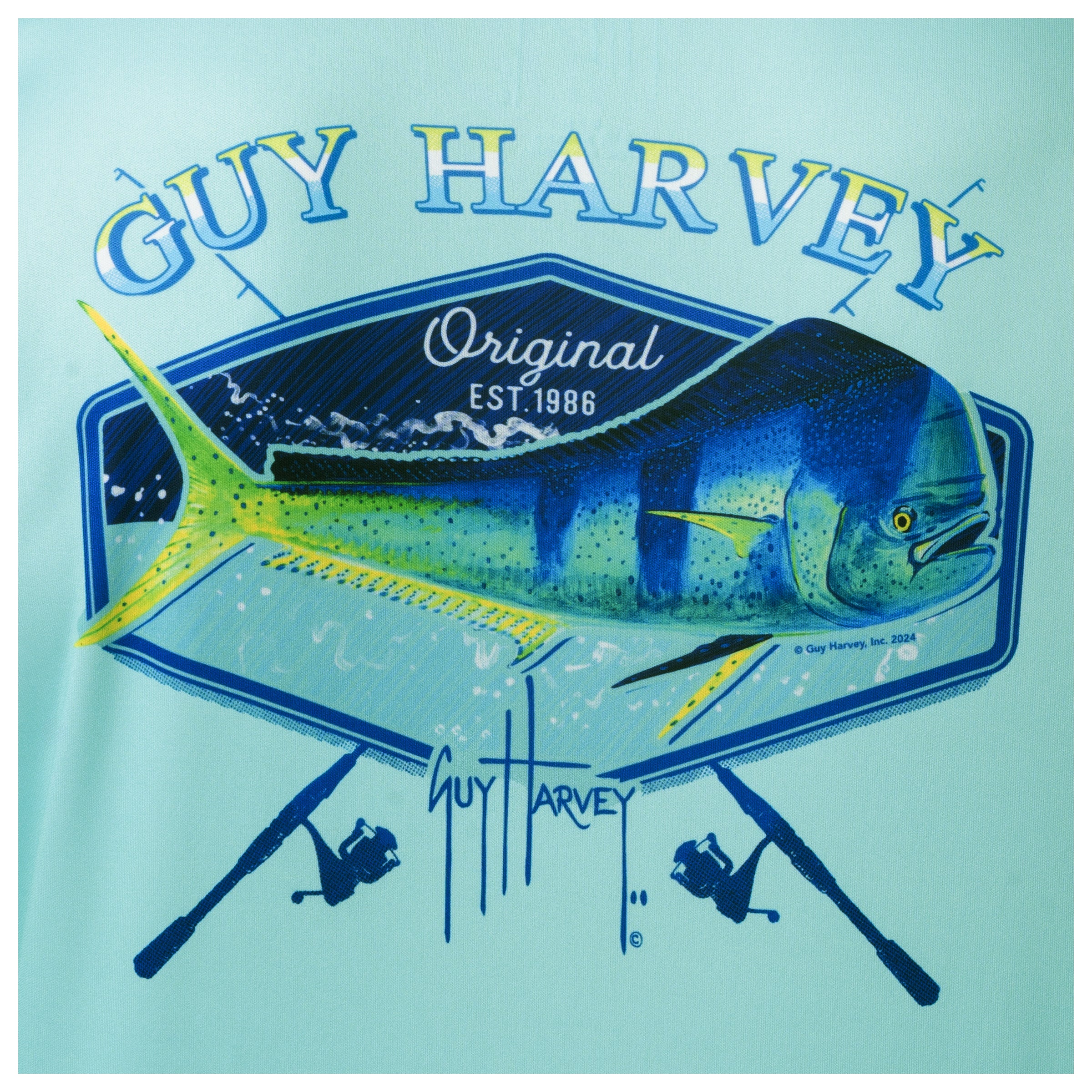 Detailed view of mahi-mahi hex artwork and fishing rod design on back of Guy Harvey Men’s Performance Long Sleeve Shirt