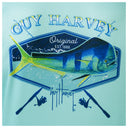 Detailed view of mahi-mahi hex artwork and fishing rod design on back of Guy Harvey Men’s Performance Long Sleeve Shirt