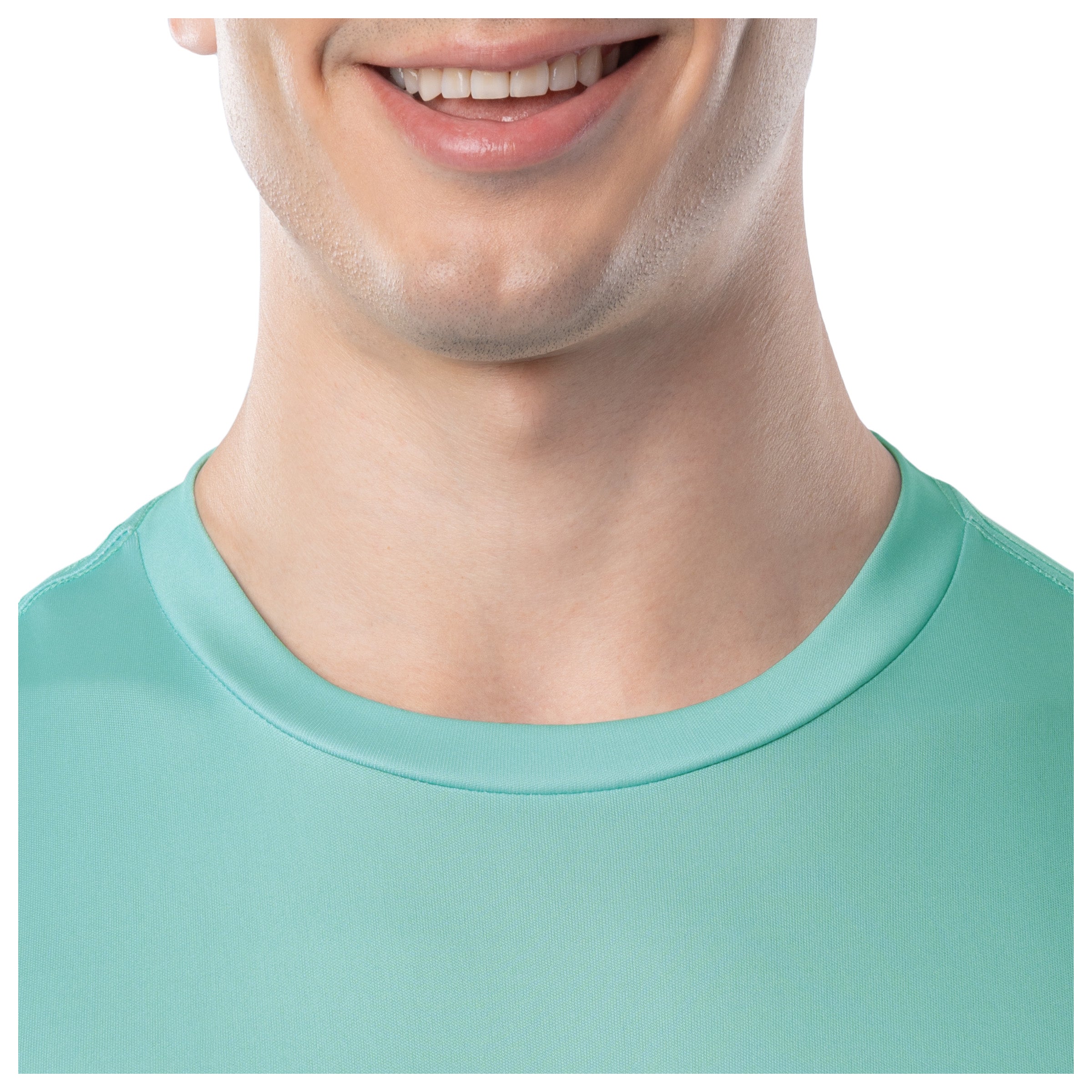 Close up on the crew neck of the shirt.