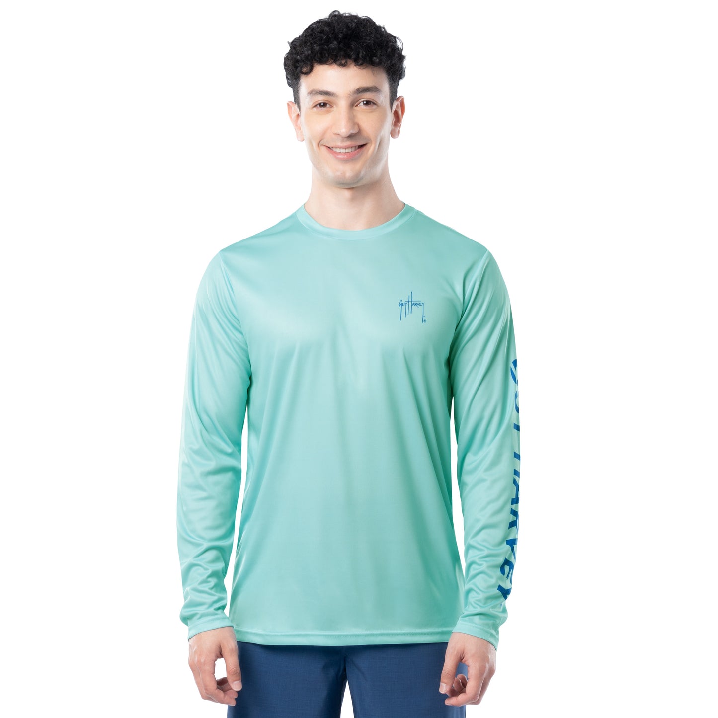 Front view of Guy Harvey Men’s Mahi Hex Performance Sun Protection Long Sleeve Top in aqua green