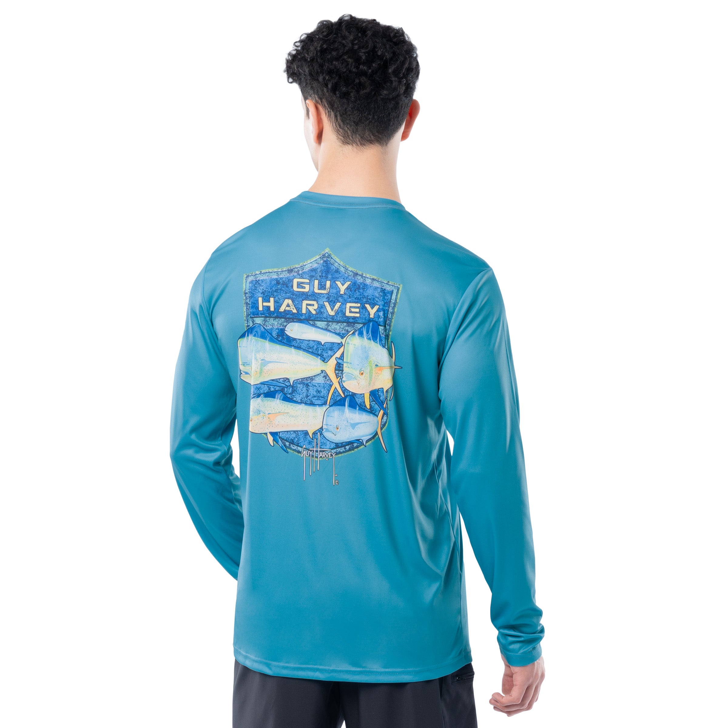 Back view of Guy Harvey Men’s Mahi Shield Performance Top with shield-style mahi-mahi artwork and Guy Harvey logo