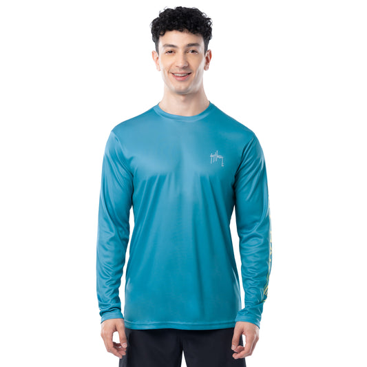 Front view of Guy Harvey Men’s Mahi Shield Performance Sun Protection Long Sleeve Top in teal