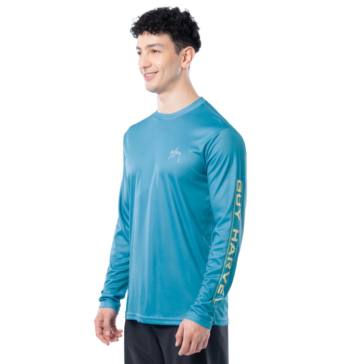 Side profile of Guy Harvey Men’s Mahi Shield Performance Sun Protection Shirt showing athletic fit