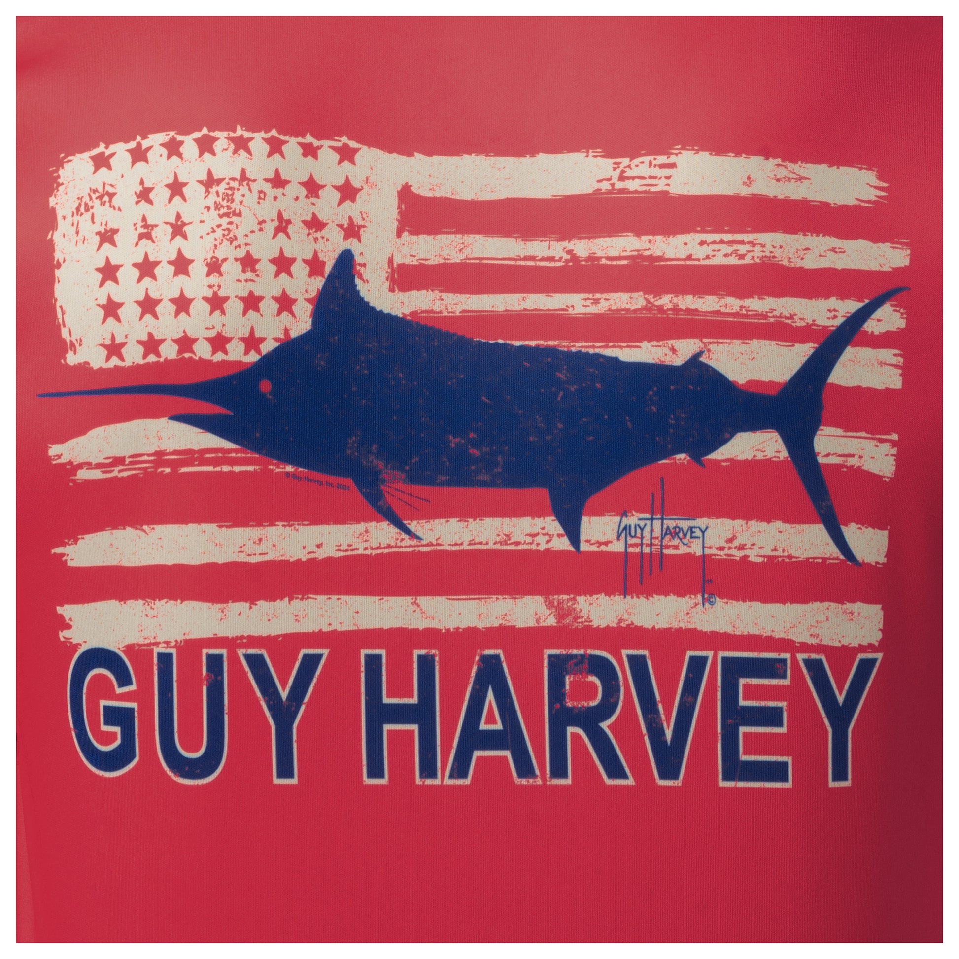 Detailed view of patriotic marlin and American flag artwork on back of Guy Harvey Men’s Performance Top