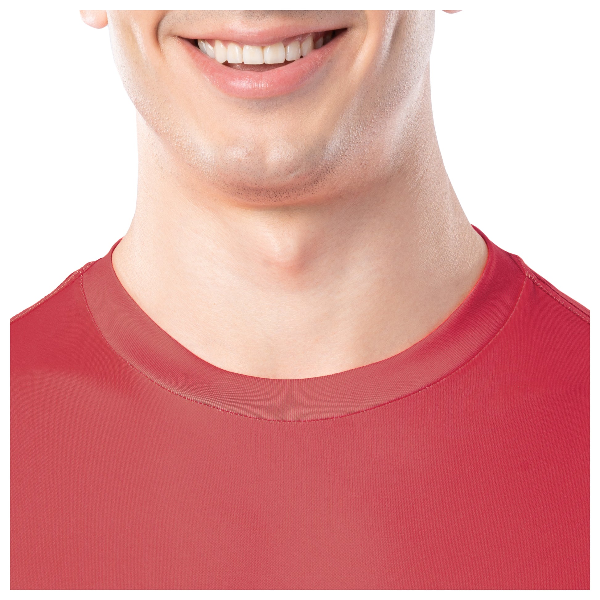 Close-up of a person wearing a red shirt with a white background
