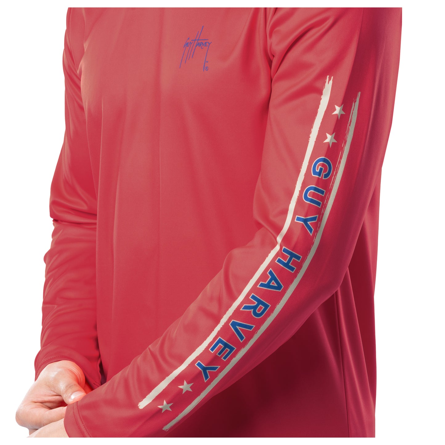 Red long-sleeve shirt with 'Guy Harvey' branding on a white background