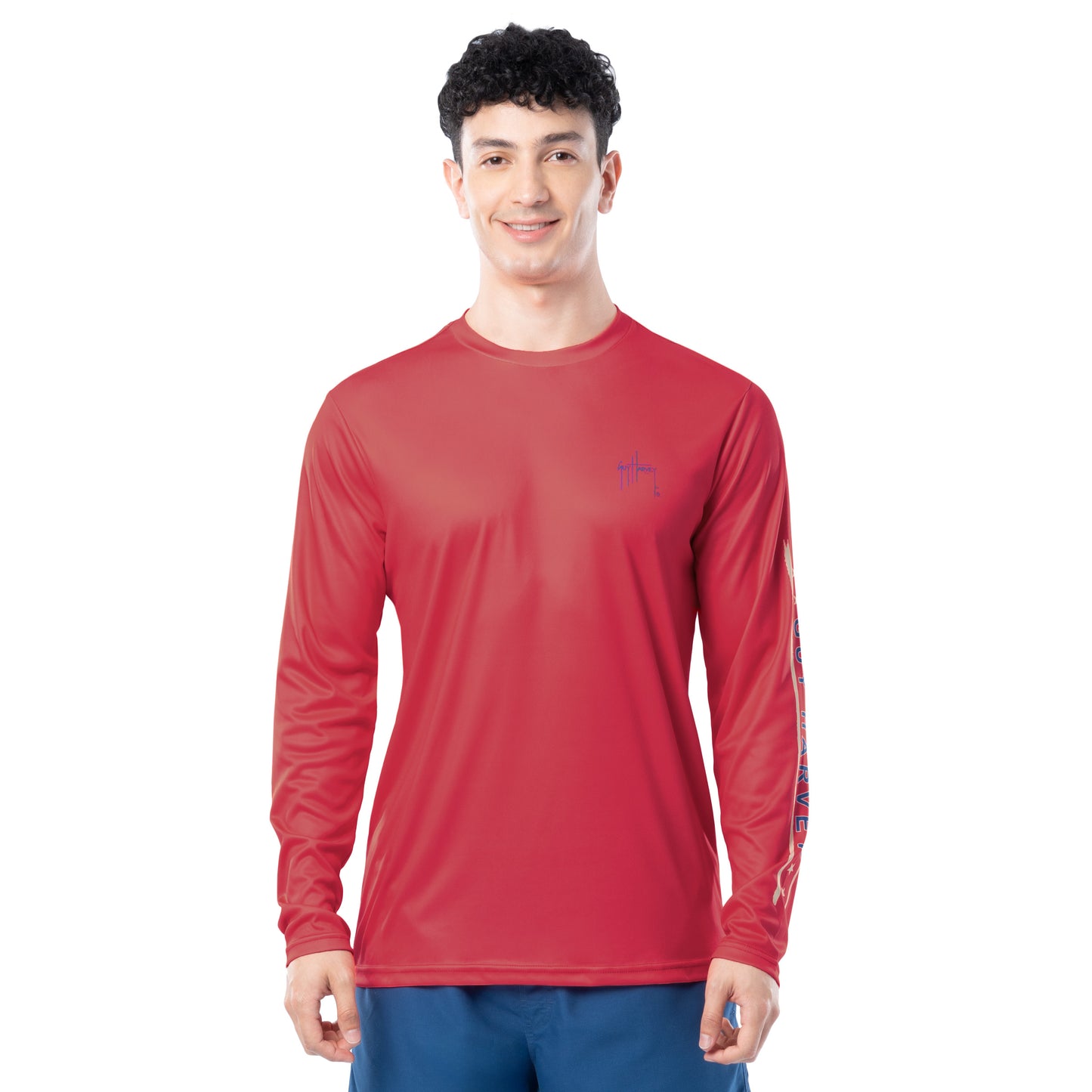 Front view of Guy Harvey Men’s Marlin Americana Performance Sun Protection Long Sleeve Top in red
