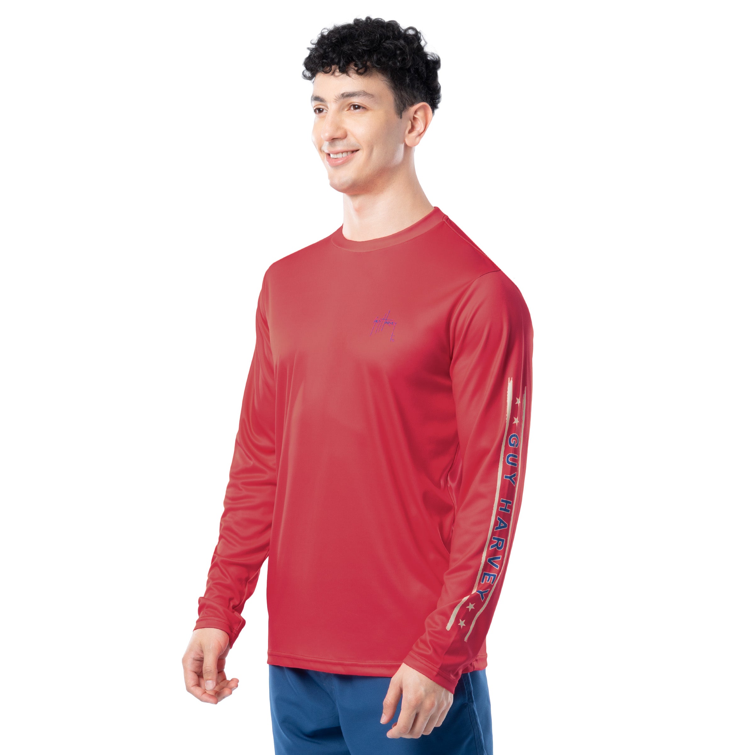 Side profile of Guy Harvey Men’s Marlin Americana Performance Sun Protection Shirt showing athletic fit