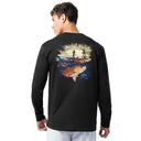 Back view of Guy Harvey Men’s Redfish Tailing Long Sleeve Tee with fishing boat and redfish tailing artwork