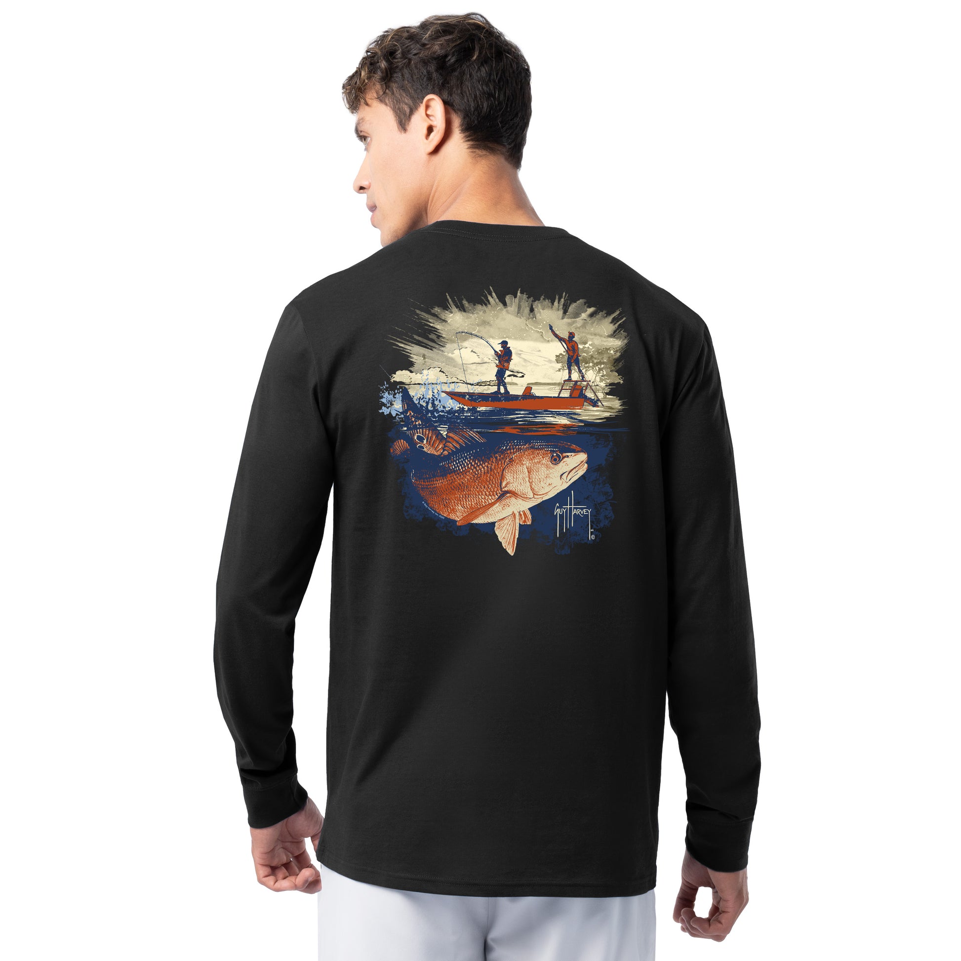 Back view of Guy Harvey Men’s Redfish Tailing Long Sleeve Tee with fishing boat and redfish tailing artwork