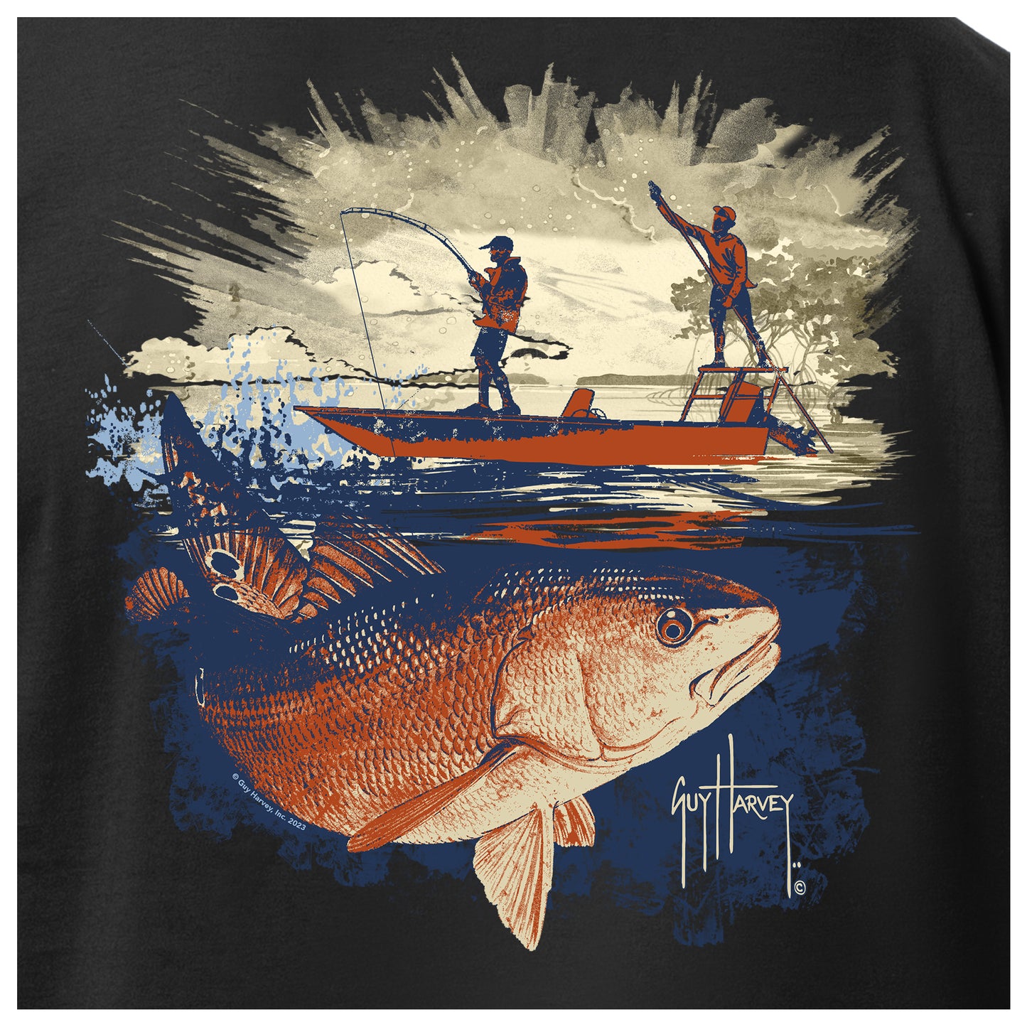 Detailed view of redfish tailing and fishing boat artwork on back of Guy Harvey Men’s Long Sleeve T-Shirt
