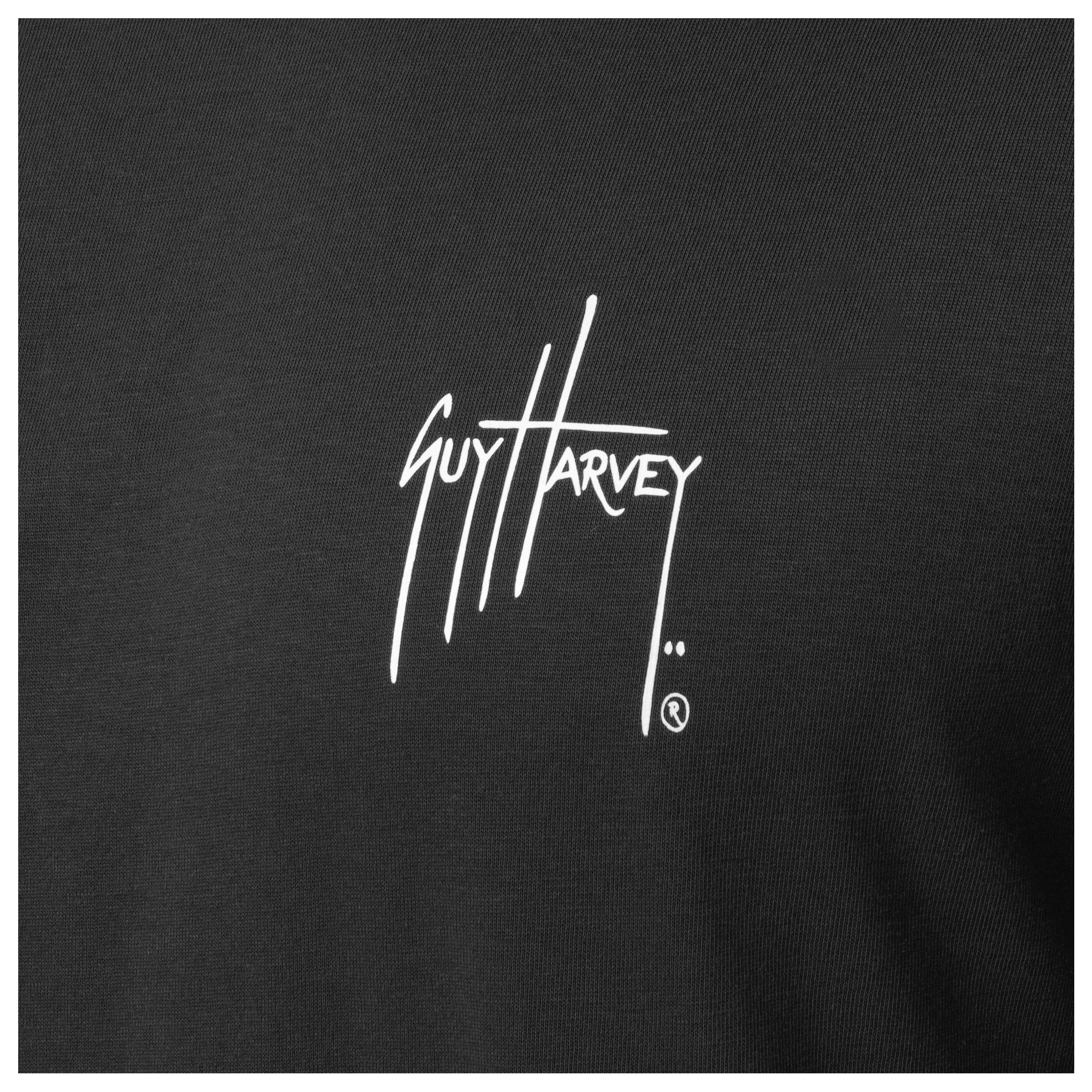 Close-up of chest Guy Harvey signature logo on Men’s Redfish Tailing Long Sleeve Tee