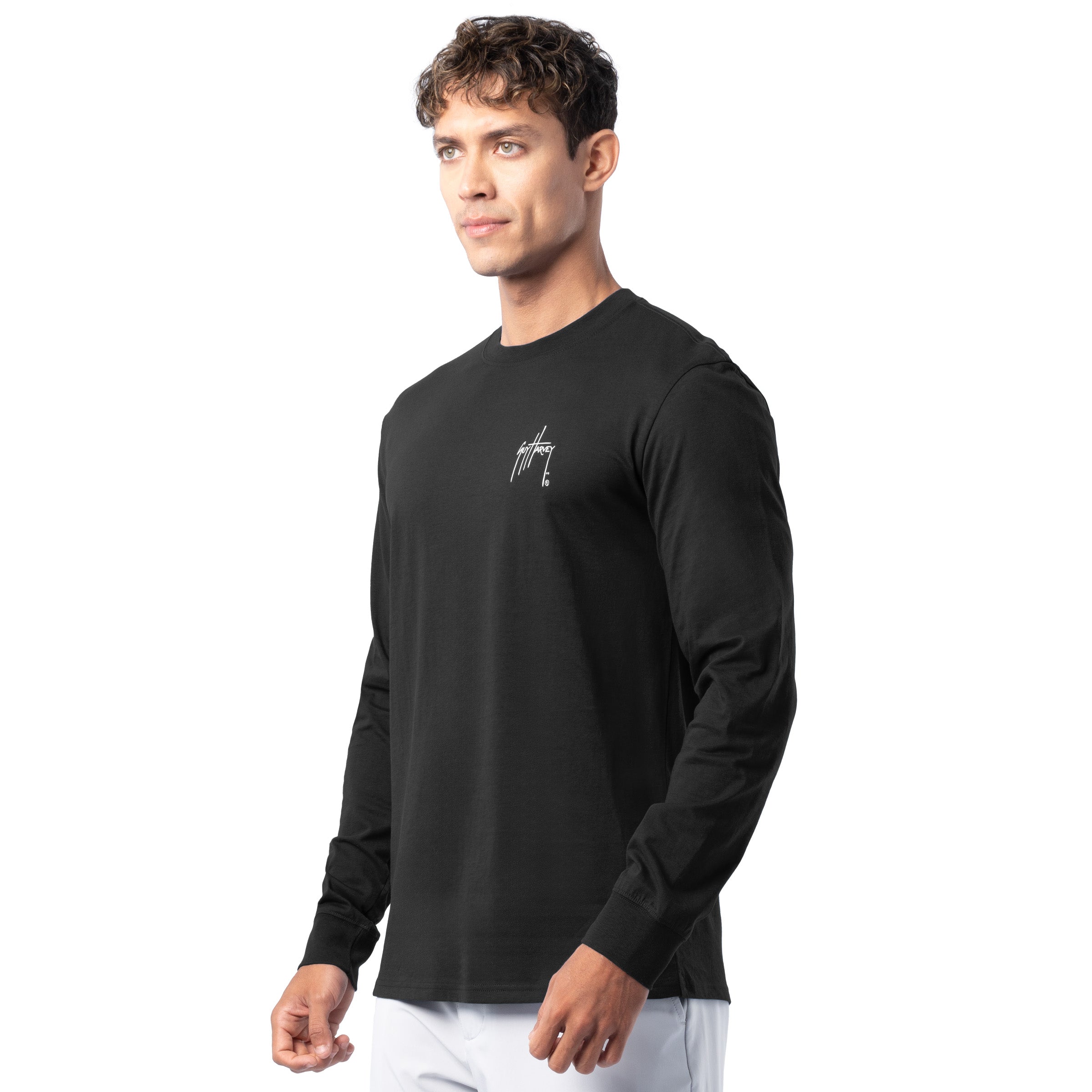 Side profile of Guy Harvey Men’s Redfish Tailing Lightweight Long Sleeve Cotton T-Shirt showing fit