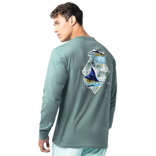 Back view of Guy Harvey Men’s Saltwater Paradise Long Sleeve Tee with marlin, tuna, and tropical island artwork