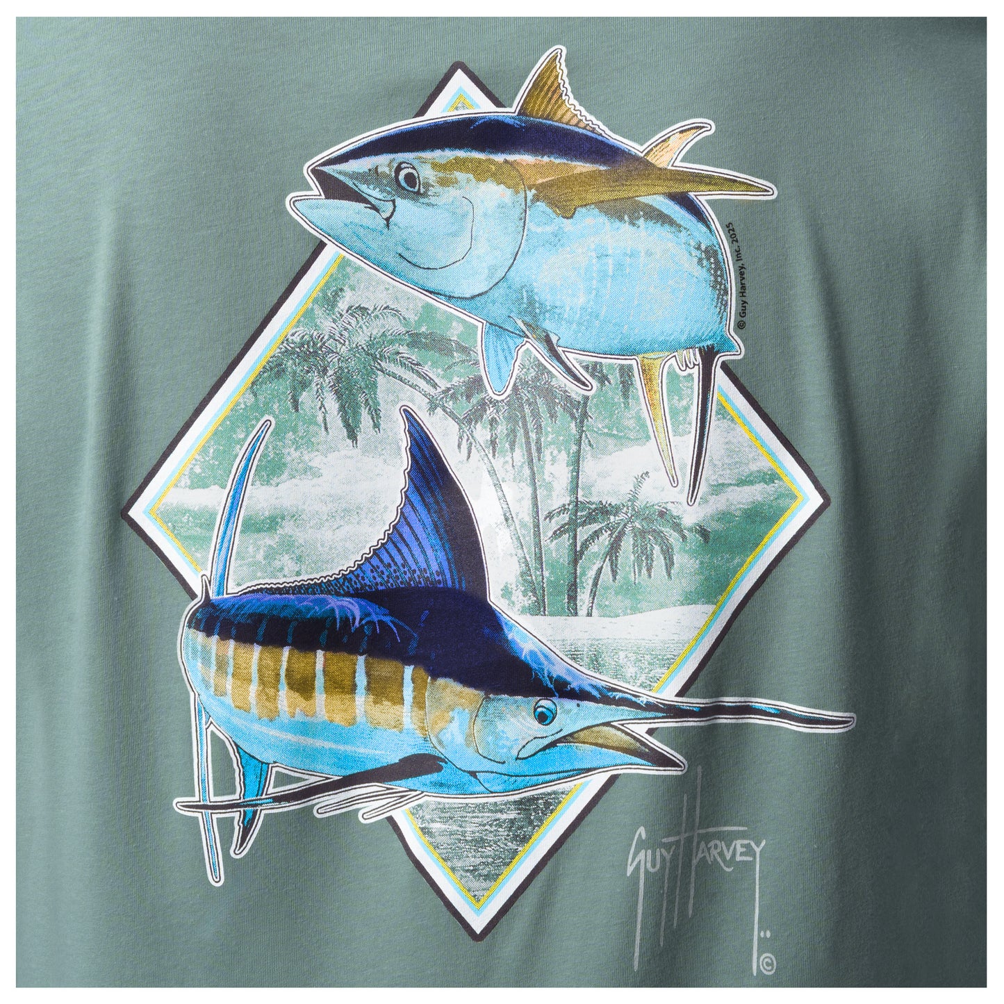 Detailed view of marlin and tuna saltwater paradise artwork on back of Guy Harvey Men’s Long Sleeve T-Shirt