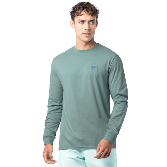 Front view of Guy Harvey Men’s Saltwater Paradise Lightweight Long Sleeve T-Shirt in seafoam green