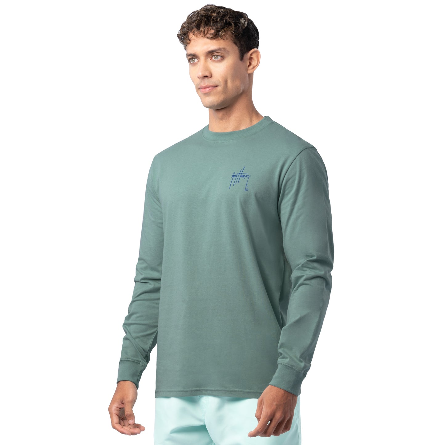 Side profile of Guy Harvey Men’s Saltwater Paradise Lightweight Long Sleeve Cotton T-Shirt showing fit