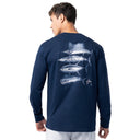 Back view of Guy Harvey Men’s Slam Stencil Long Sleeve Tee with stencil artwork of sailfish, tuna, wahoo, and mahi