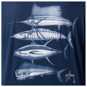 Detailed view of stencil offshore slam artwork on back of Guy Harvey Men’s Long Sleeve T-Shirt
