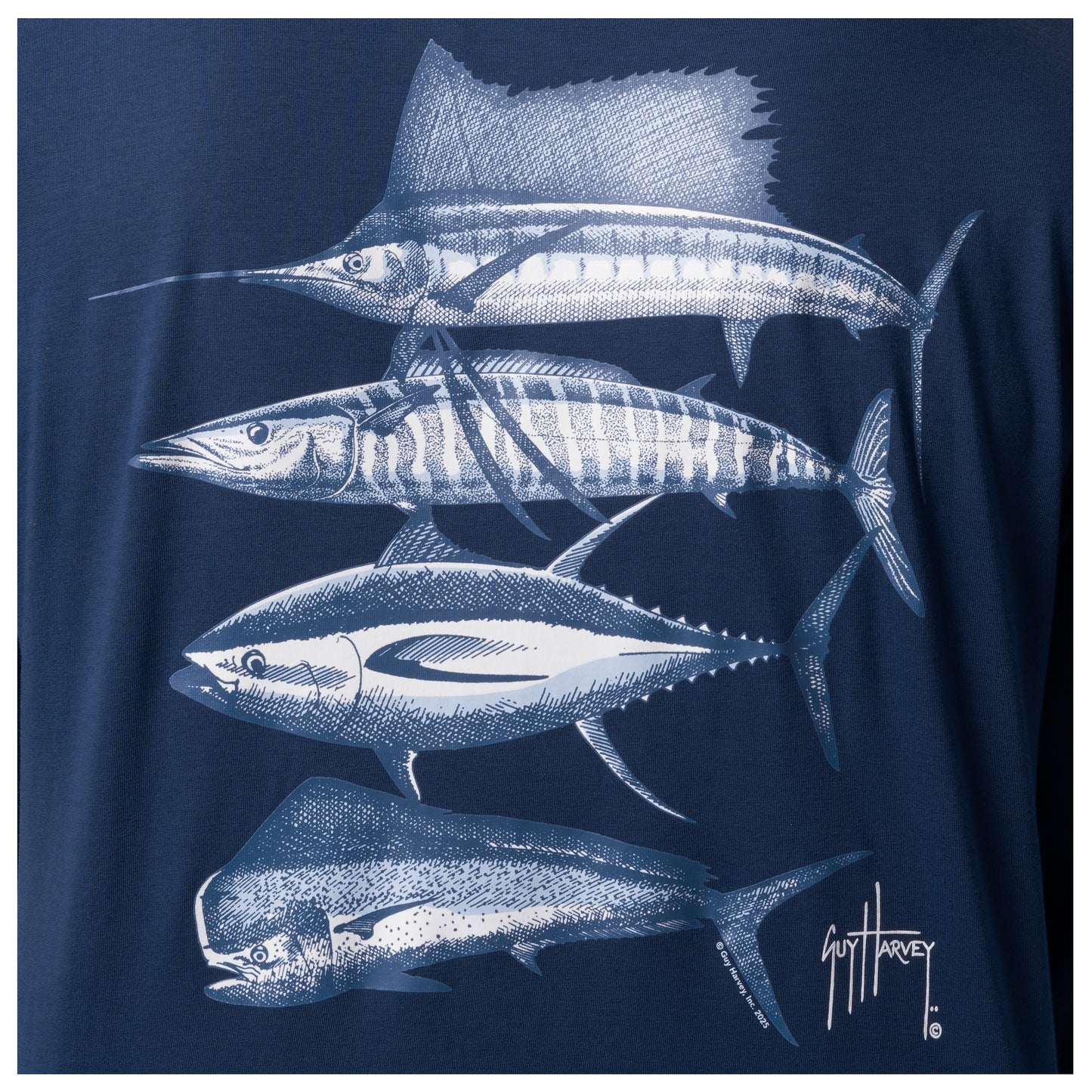 Detailed view of stencil offshore slam artwork on back of Guy Harvey Men’s Long Sleeve T-Shirt