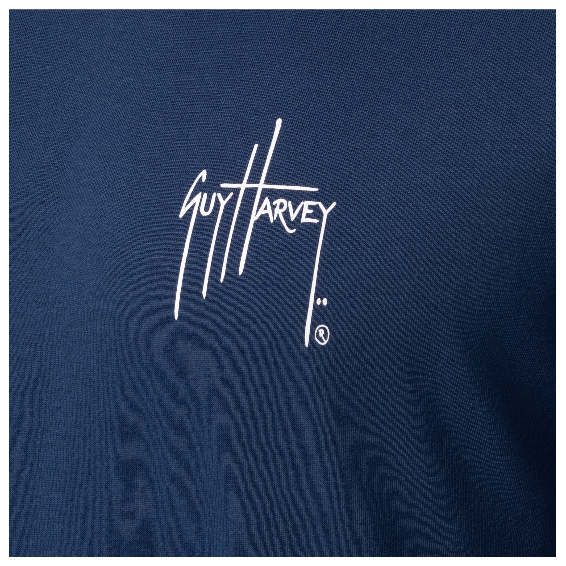 Close-up of chest Guy Harvey signature logo on Men’s Slam Stencil Long Sleeve Tee