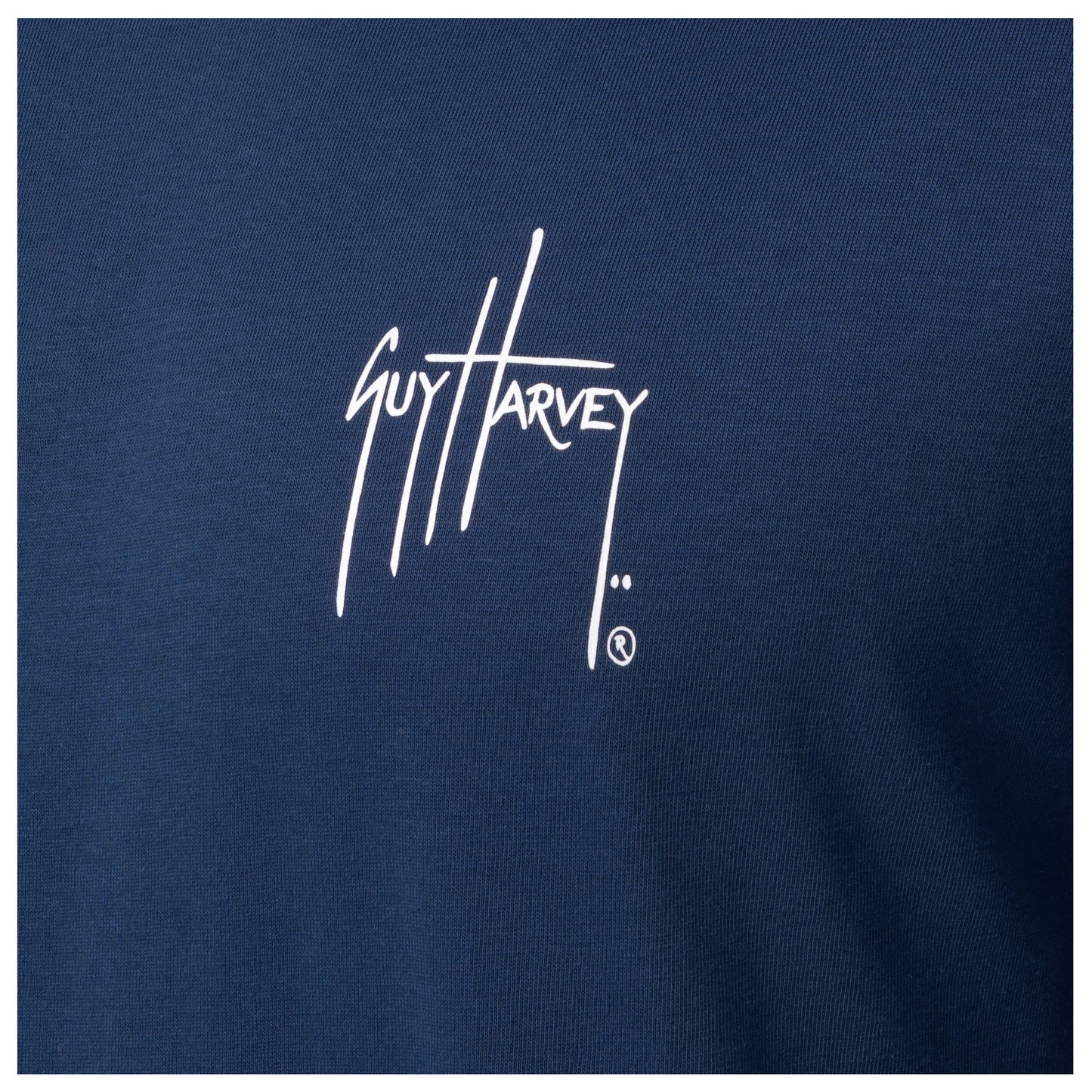 Close-up of chest Guy Harvey signature logo on Men’s Slam Stencil Long Sleeve Tee