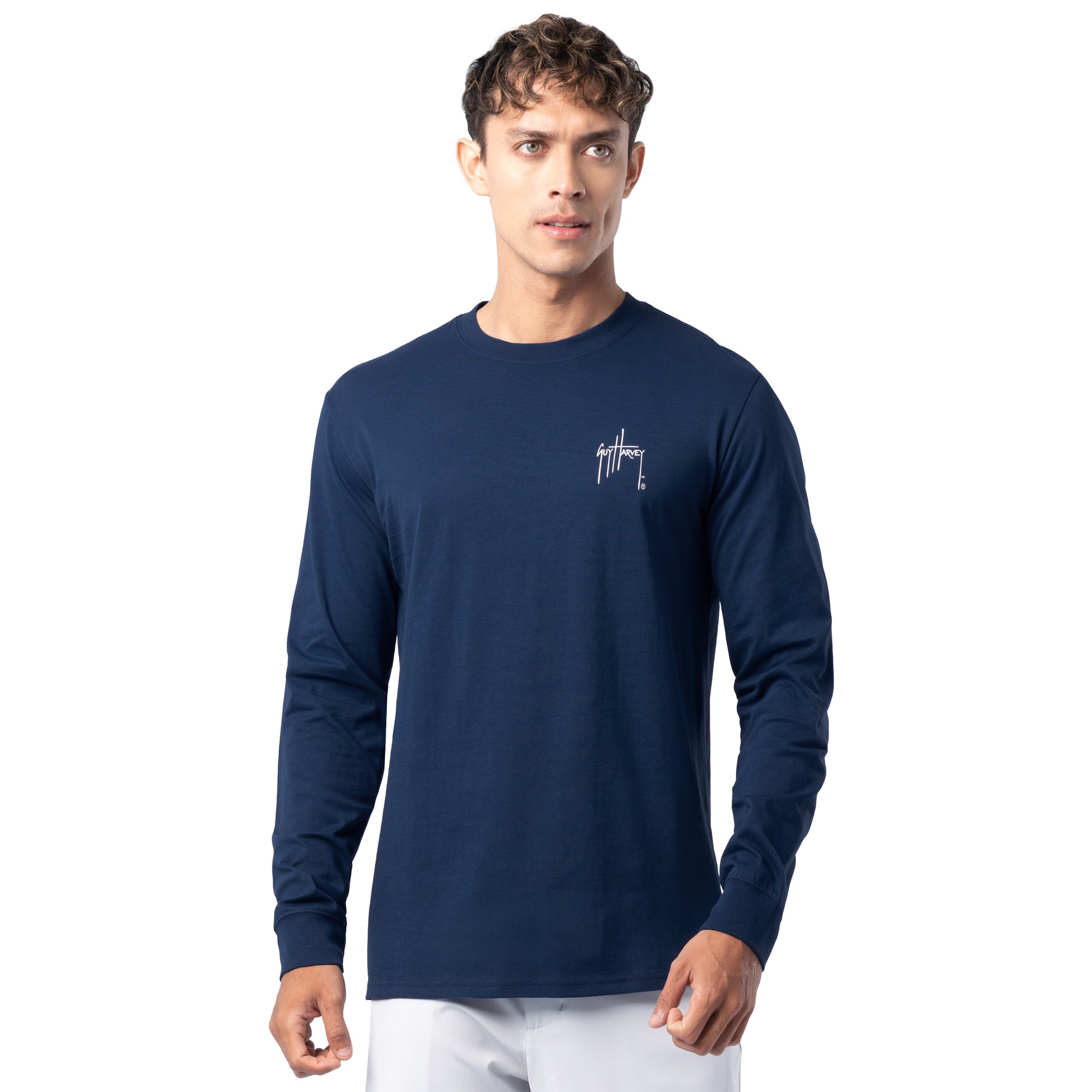Front view of Guy Harvey Men’s Slam Stencil Lightweight Long Sleeve T-Shirt in navy blue