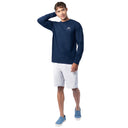 Lifestyle photo of model wearing Guy Harvey Men’s Slam Stencil Lightweight Long Sleeve Tee while fishing