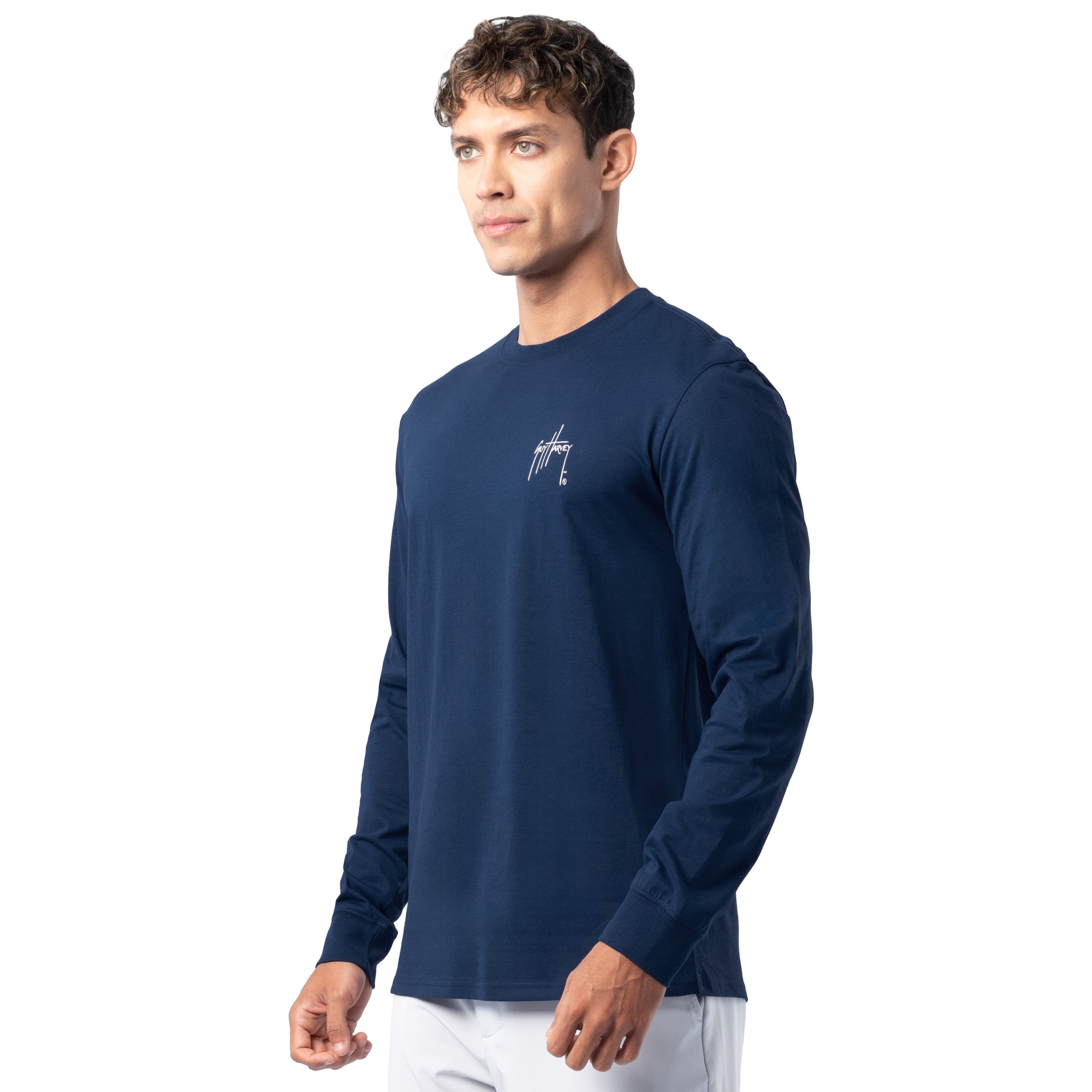 Side profile of Guy Harvey Men’s Slam Stencil Lightweight Long Sleeve Cotton T-Shirt showing fit