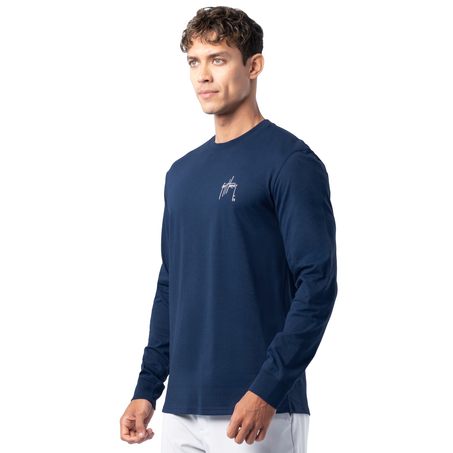 Side profile of Guy Harvey Men’s Slam Stencil Lightweight Long Sleeve Cotton T-Shirt showing fit