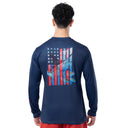 Back view of Guy Harvey Men’s Stars and Stripes Performance Top with marlin artwork and American flag design