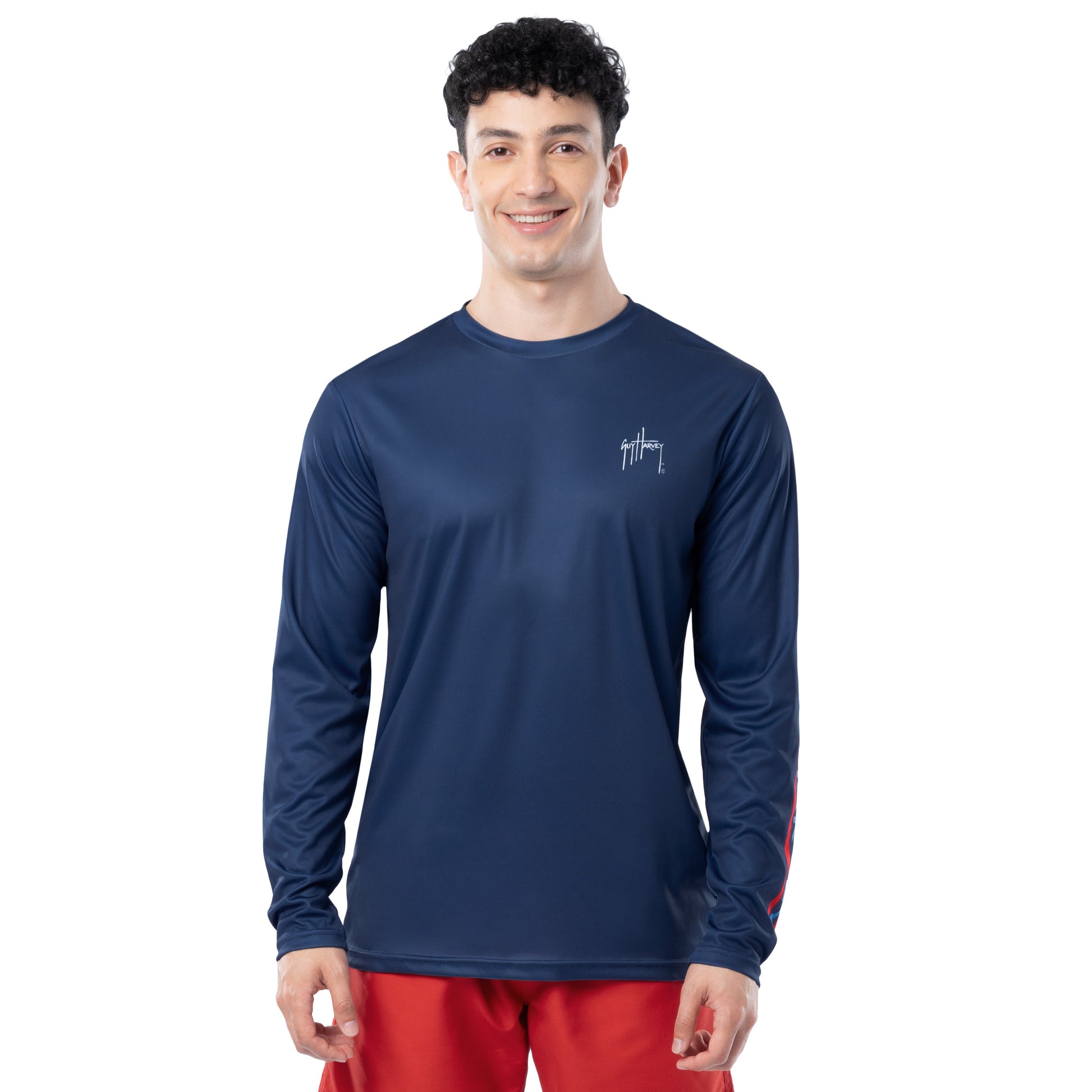 Front view of Guy Harvey Men’s Stars and Stripes Performance Sun Protection Long Sleeve Top in navy