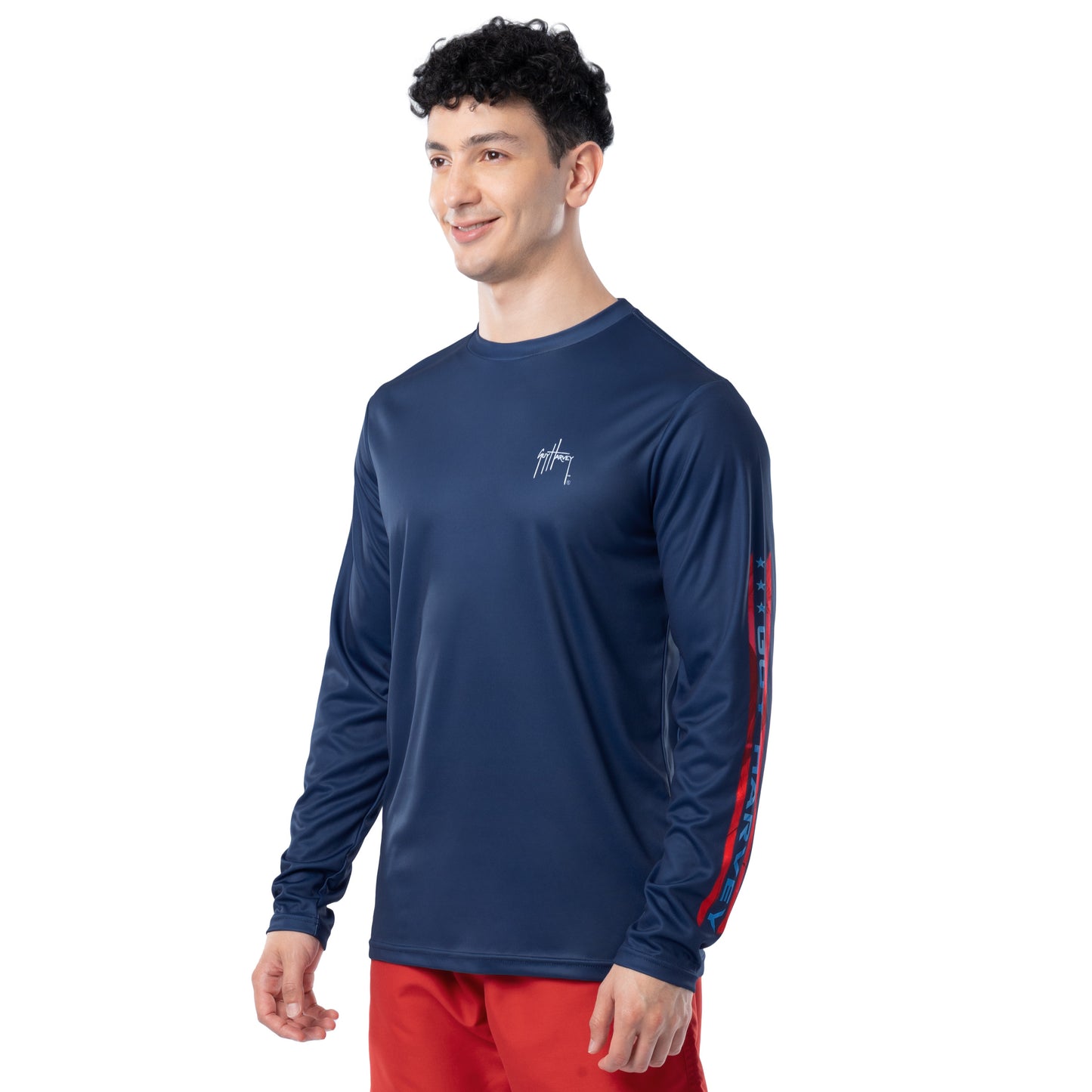 Side profile of Guy Harvey Men’s Stars and Stripes Performance Sun Protection Shirt showing athletic fit