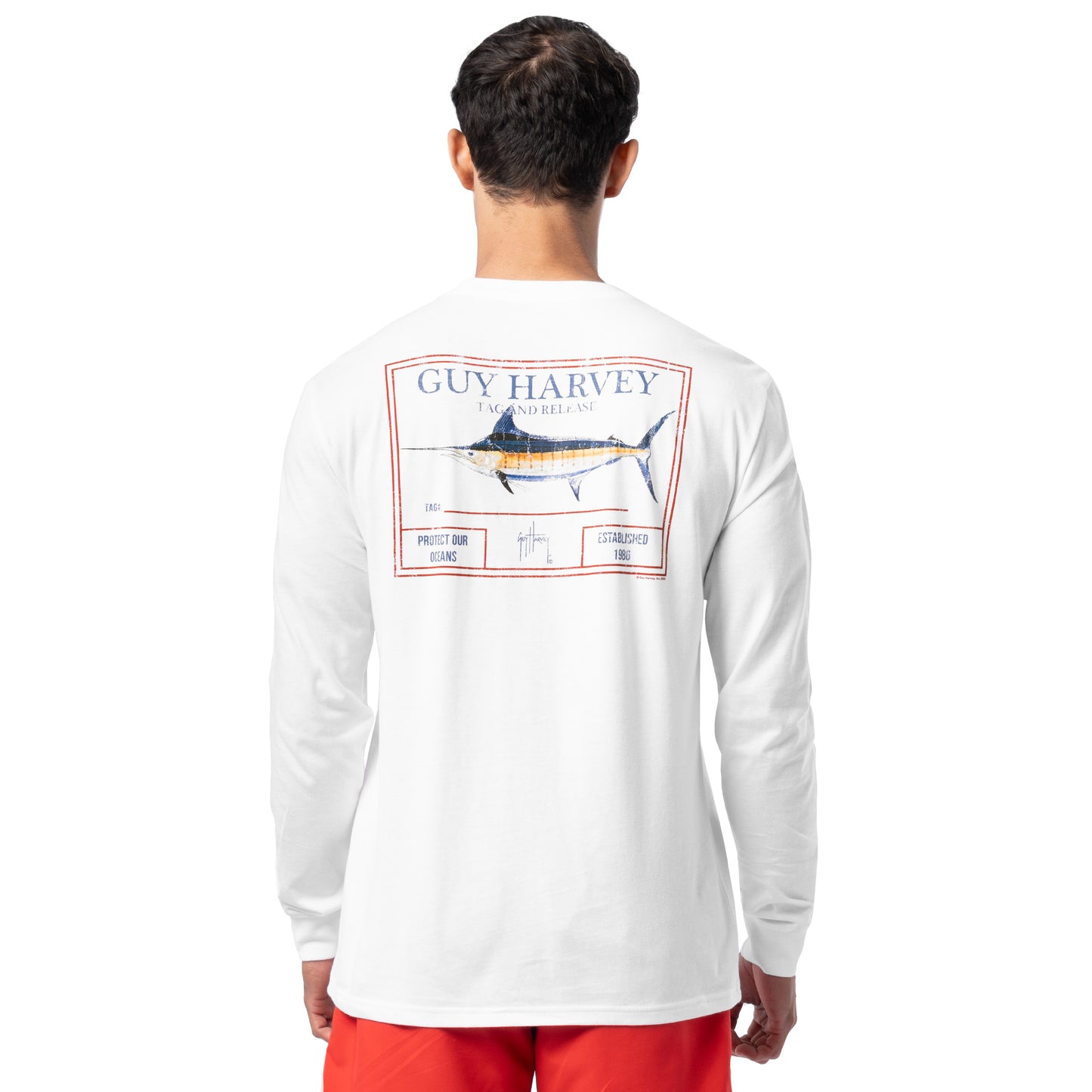 Back view of Guy Harvey Men’s Tag and Release Long Sleeve Tee featuring marlin tag-and-release artwork