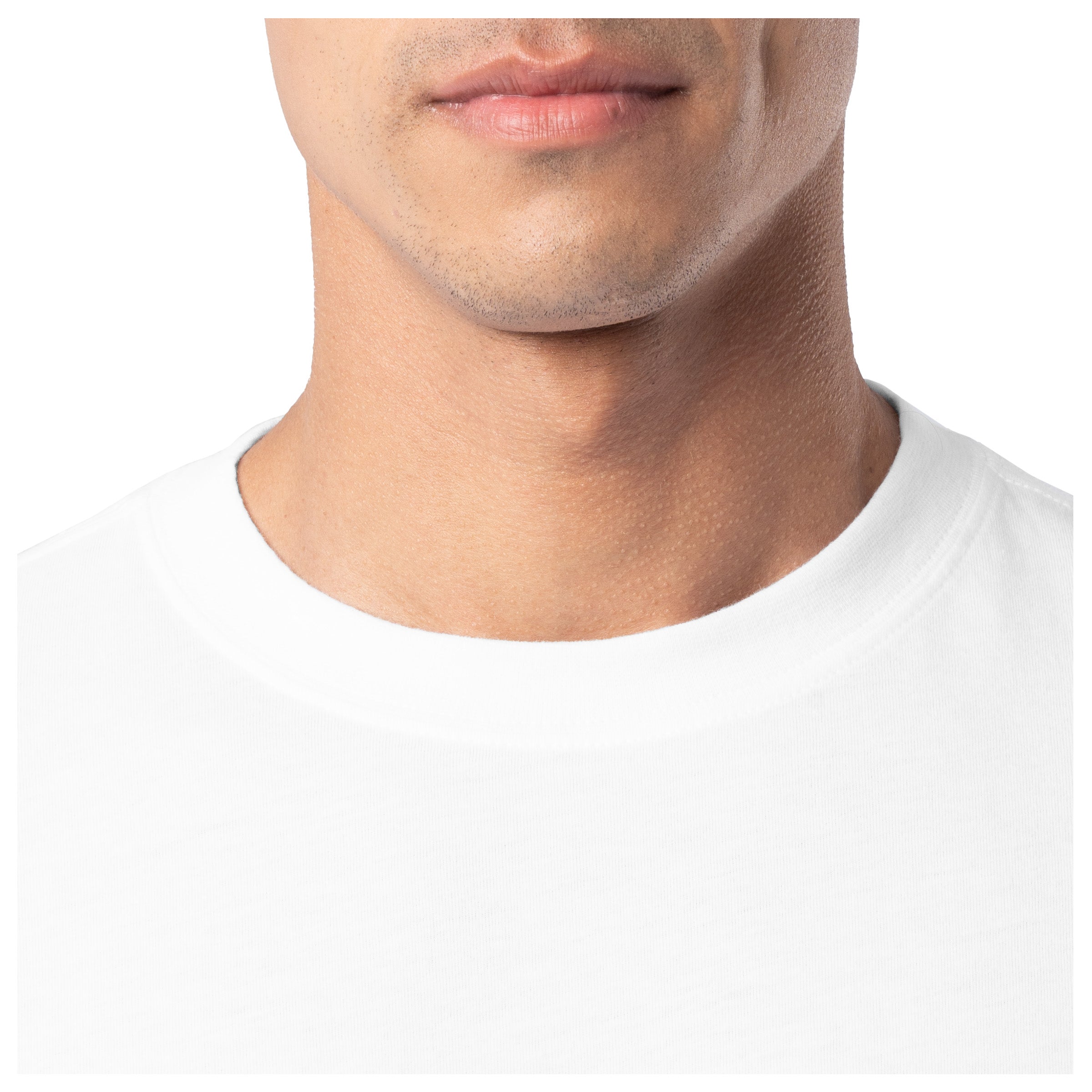 Close-up of a person wearing a white t-shirt on a white background