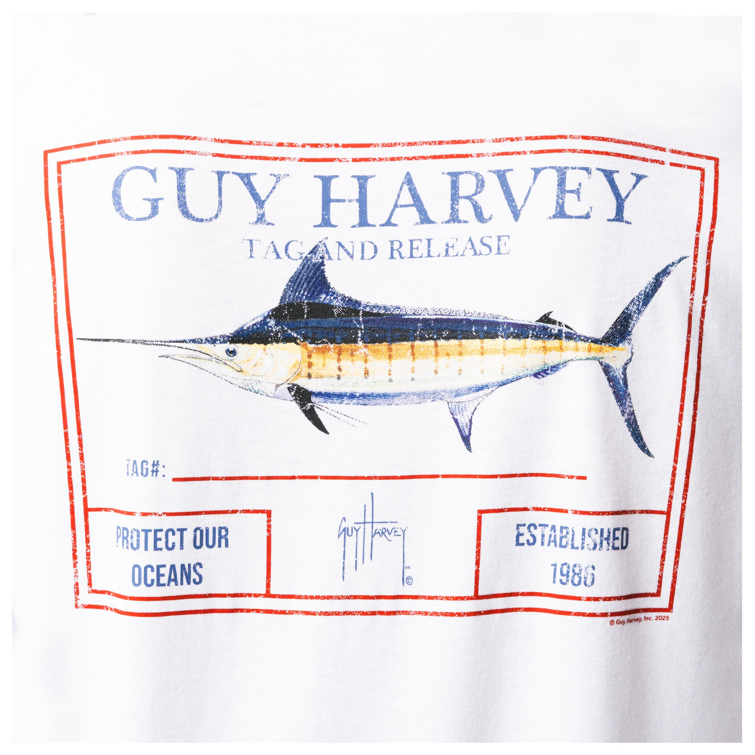 Detailed view of marlin artwork and tag-and-release design on back of Guy Harvey Men’s Long Sleeve T-Shirt