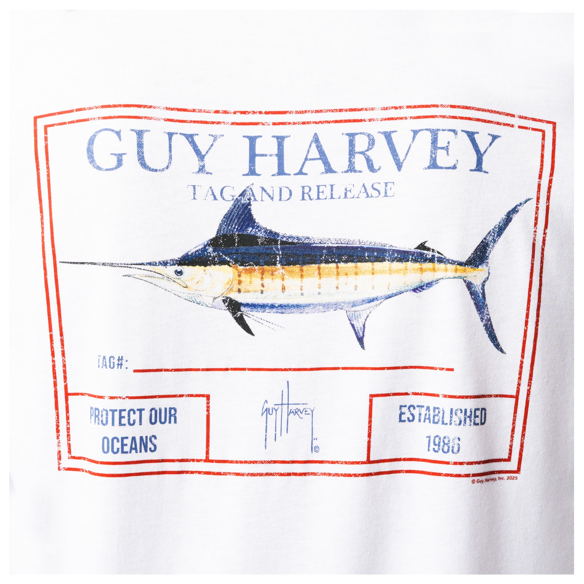 Detailed view of marlin artwork and tag-and-release design on back of Guy Harvey Men’s Long Sleeve T-Shirt