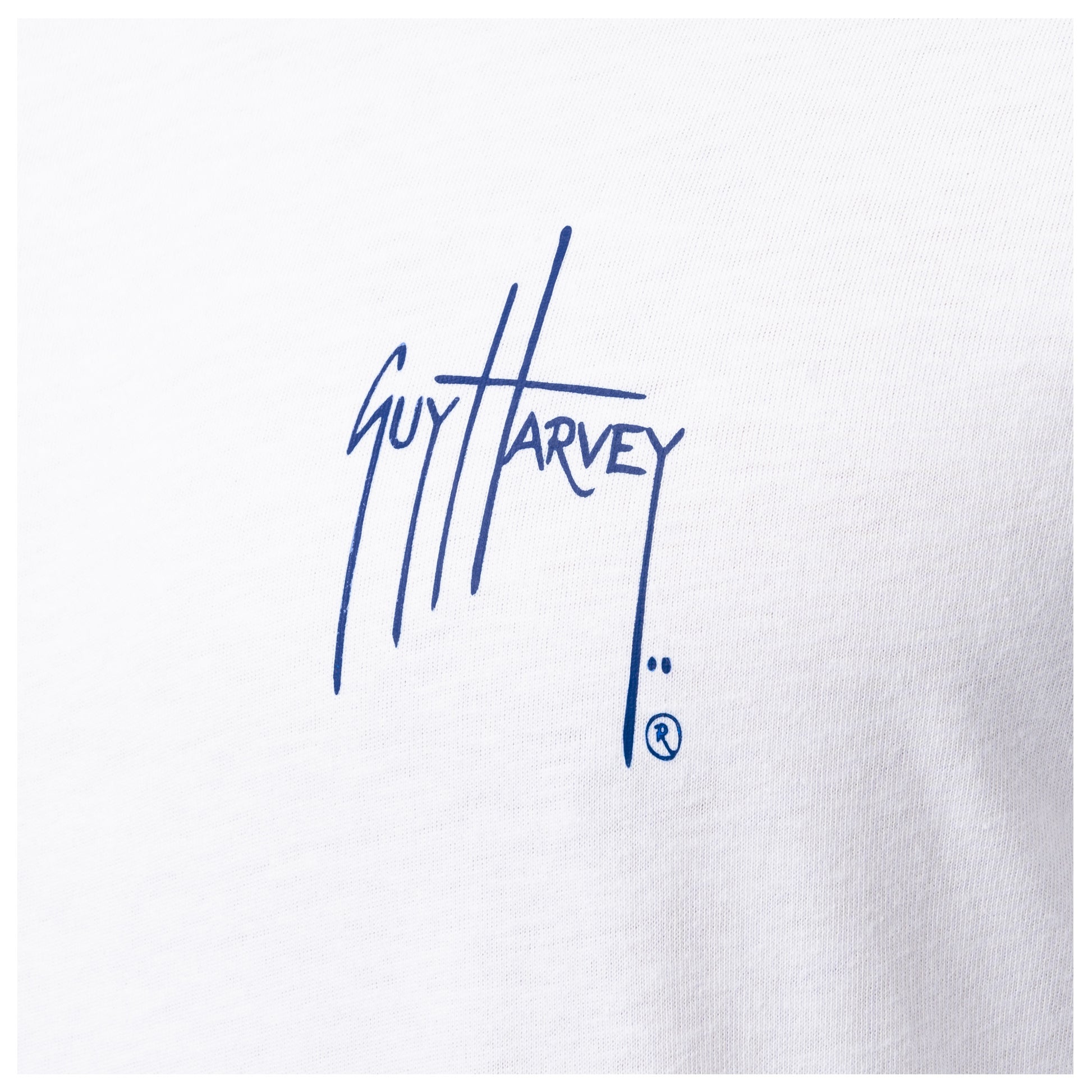 Close-up of chest Guy Harvey signature logo on Men’s Tag and Release Long Sleeve Tee