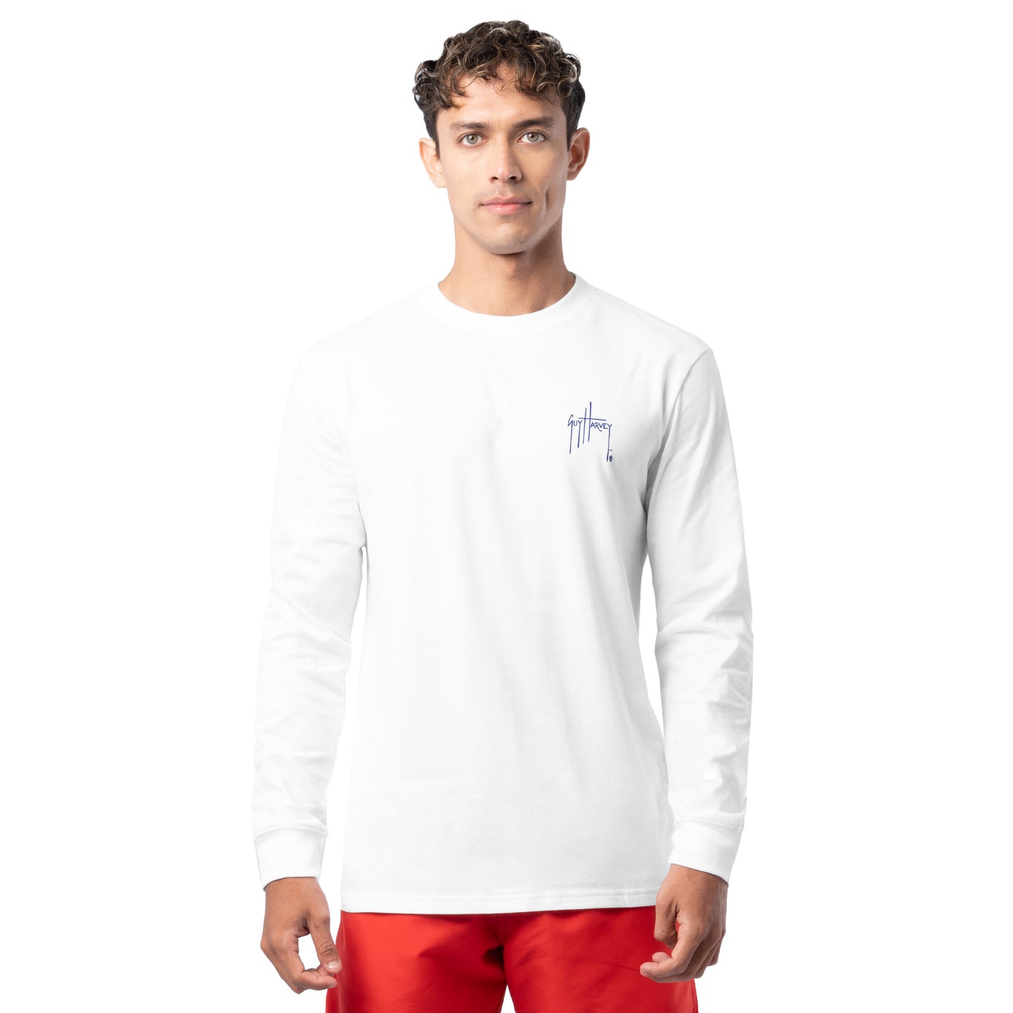 Front view of Guy Harvey Men’s Tag and Release Lightweight Long Sleeve T-Shirt in white