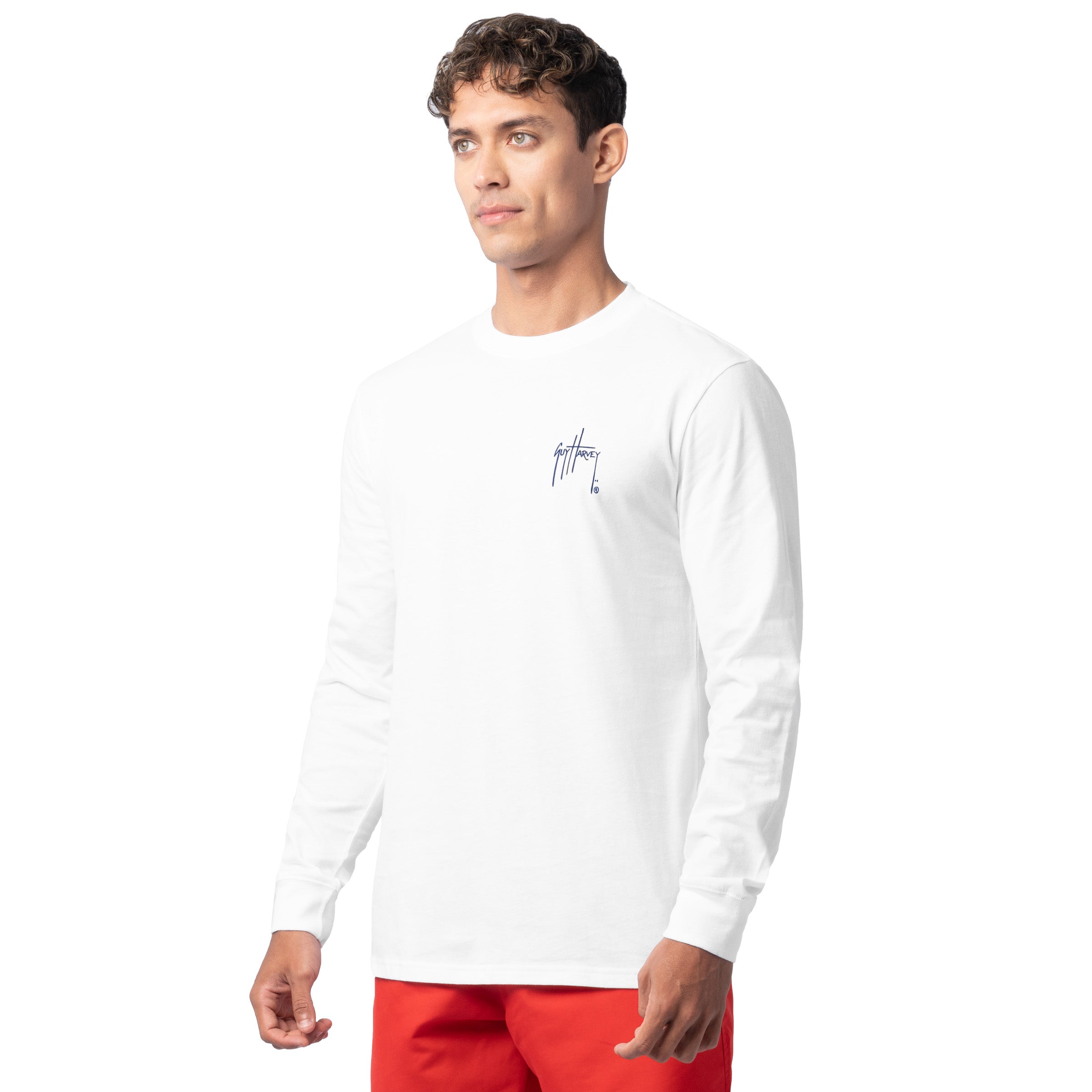 Side profile of Guy Harvey Men’s Tag and Release Long Sleeve T-Shirt showing fit and cut