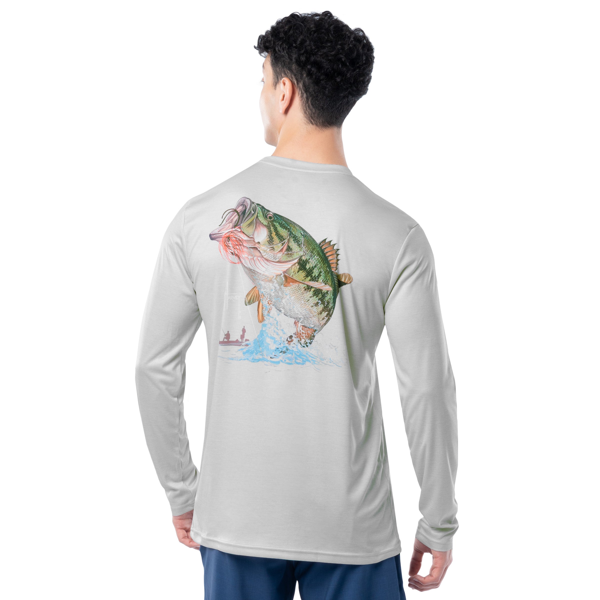 Back view of Guy Harvey Men’s Titan Bass Performance Top with largemouth bass leaping artwork and fishing boat scene