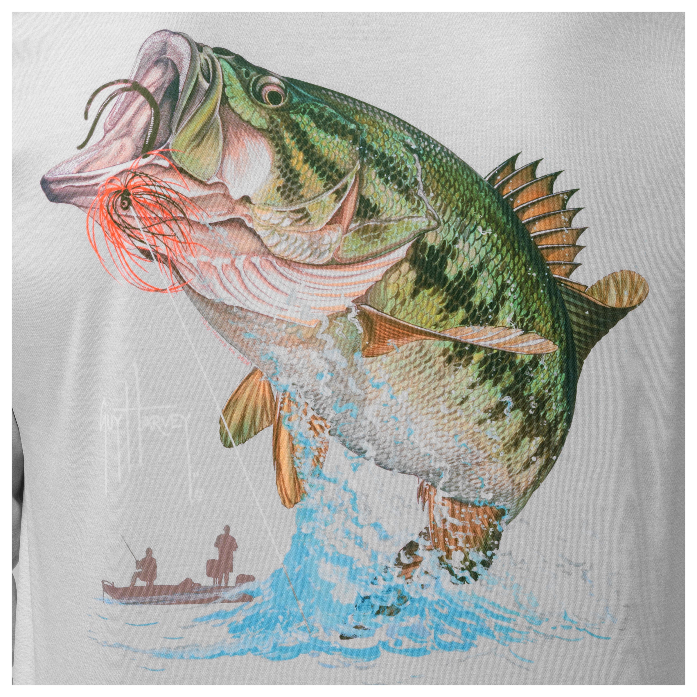 Detailed view of largemouth bass jumping artwork on back of Guy Harvey Men’s Performance Top