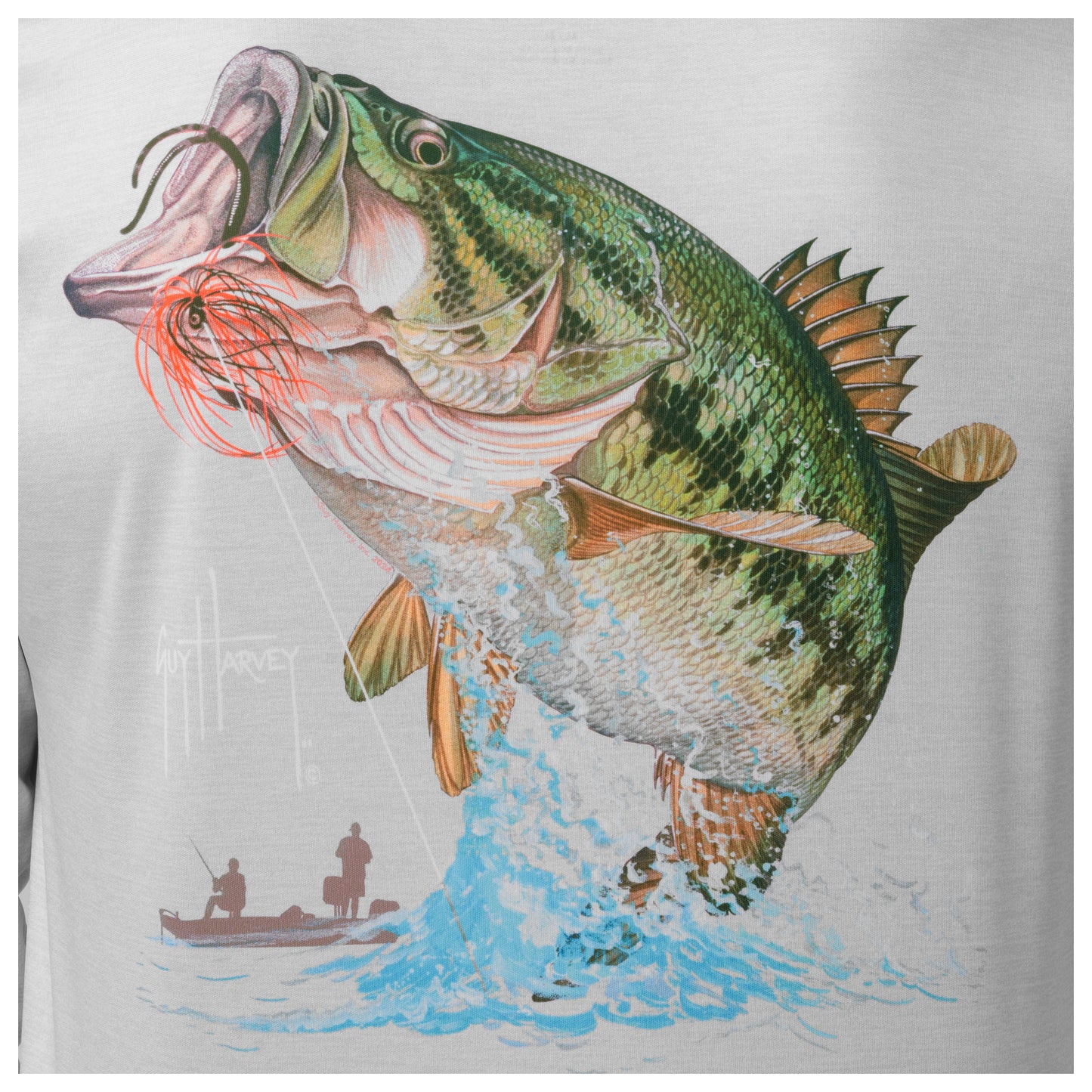 Detailed view of largemouth bass jumping artwork on back of Guy Harvey Men’s Performance Top